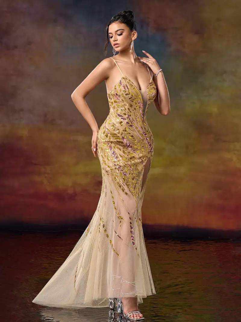 Golden Champagne Sequin Mermaid Prom Dress - Illusion V-Neck Evening Gown with High Slit & Tulle Train