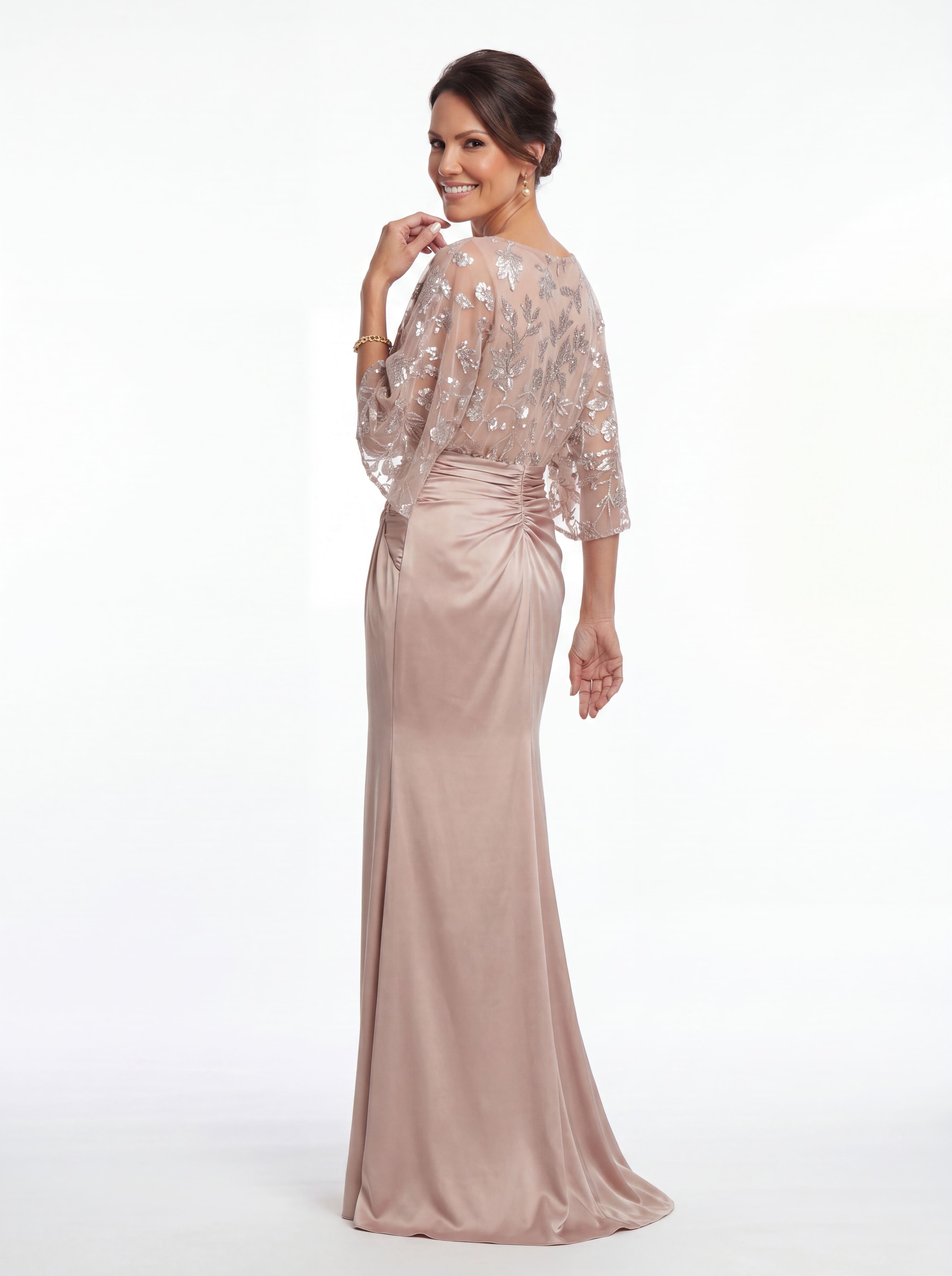 Blush Pink Floral Sequin Evening Gown - Batwing Sleeve Ruched Satin Mother of the Bride Dress