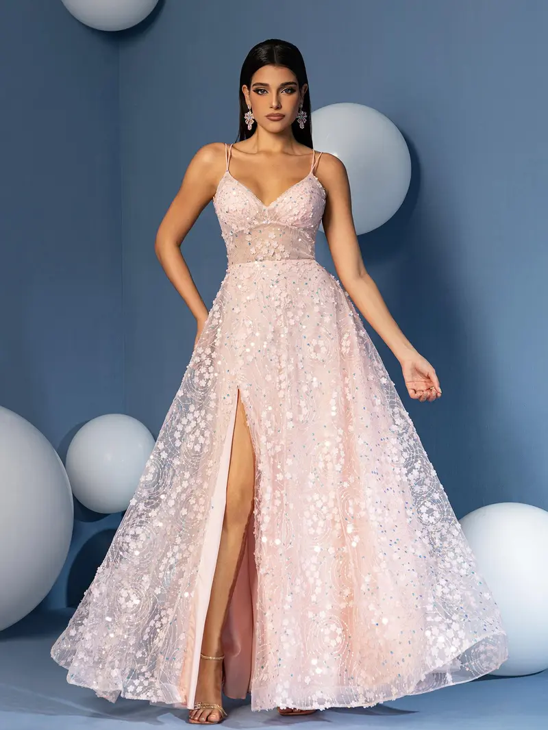 Romantic Blush 3D Floral A-Line Prom Dress - Spaghetti Strap V-Neck Evening Gown with High Slit & Illusion Waist