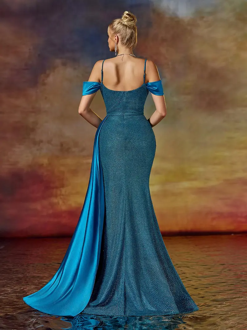 Teal Blue Glitter Mermaid Prom Dress - Cold Shoulder Evening Gown with Satin Side Train & High Slit