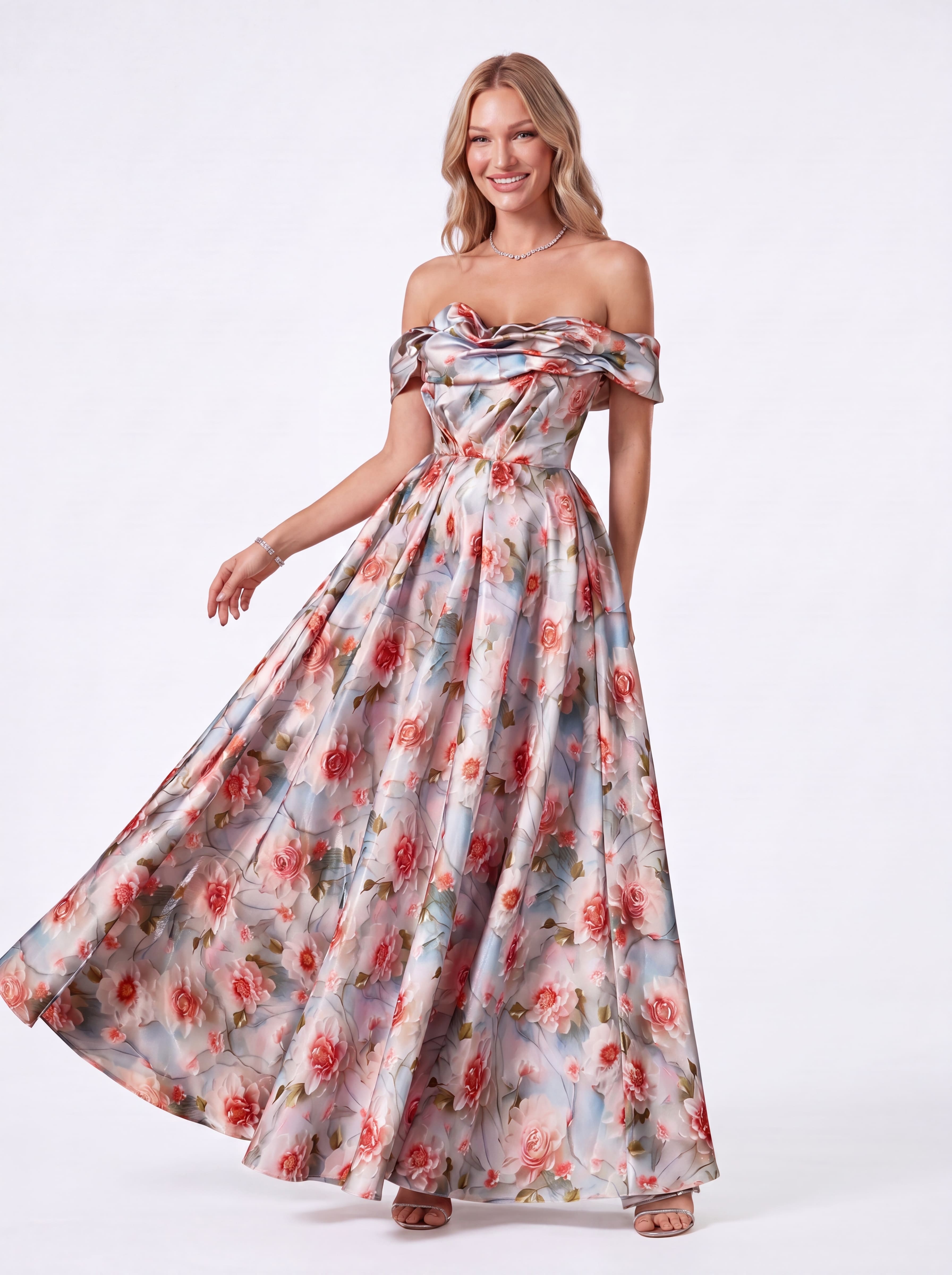 Vintage Floral Off-The-Shoulder Evening Gown - Pleated A-Line Prom Dress & Spring Wedding Guest Maxi