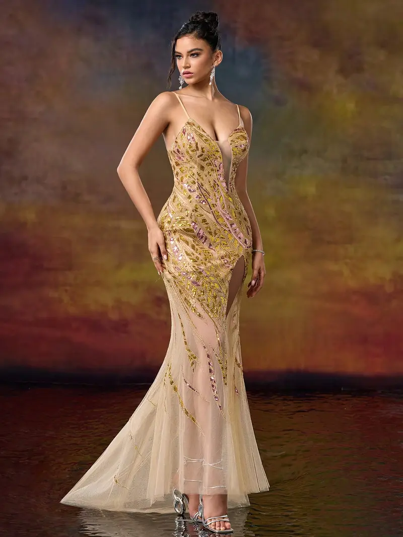 Golden Champagne Sequin Mermaid Prom Dress - Illusion V-Neck Evening Gown with High Slit & Tulle Train