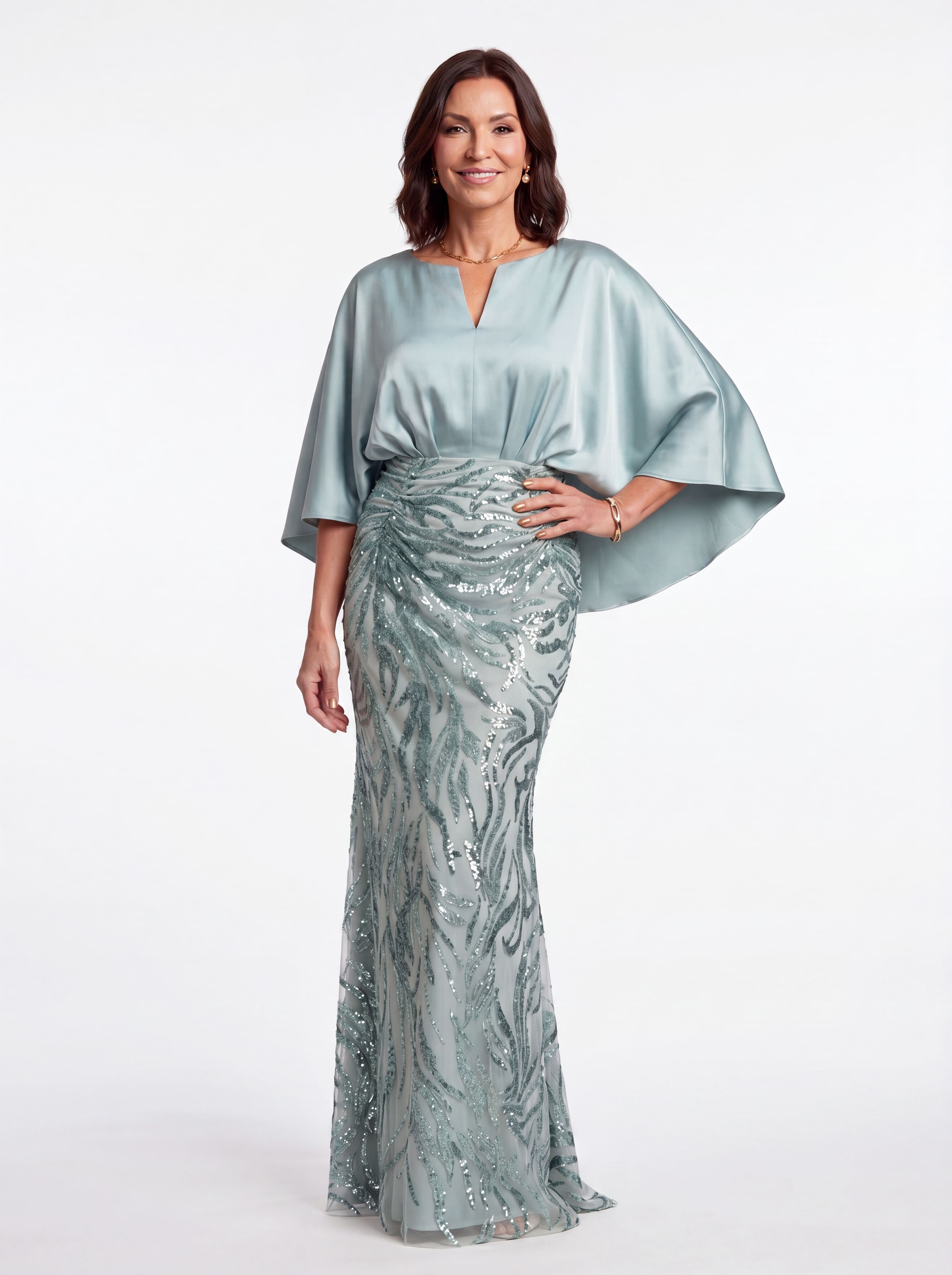Dusty Blue Satin Capelet Evening Gown - Modest Sequin Mermaid Grandmother & Mother of the Bride Dress