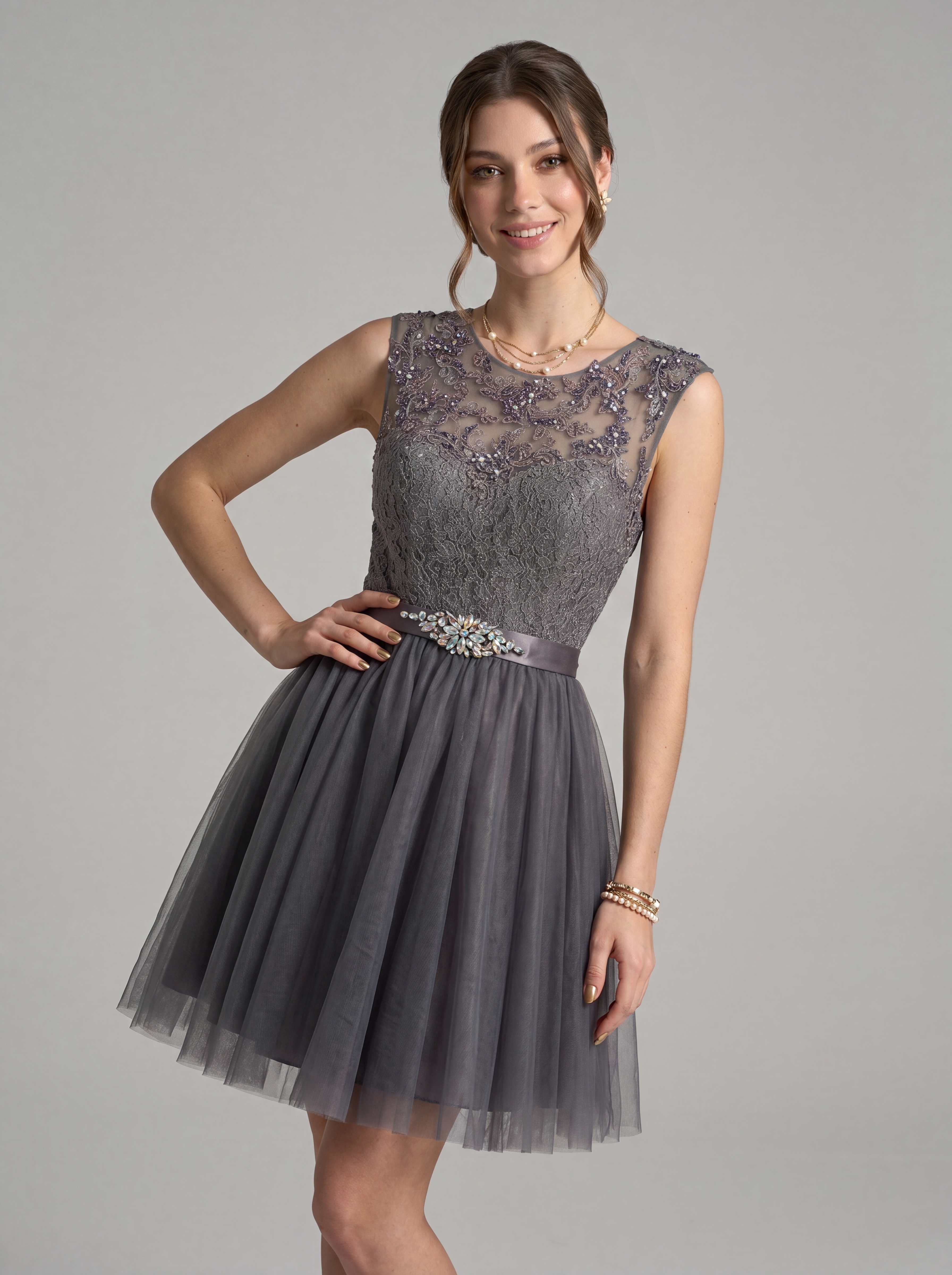 Elegant Short Homecoming Dress - Illusion Lace Tulle A-Line Cocktail Gown with Rhinestone Belt for Prom & Graduation
