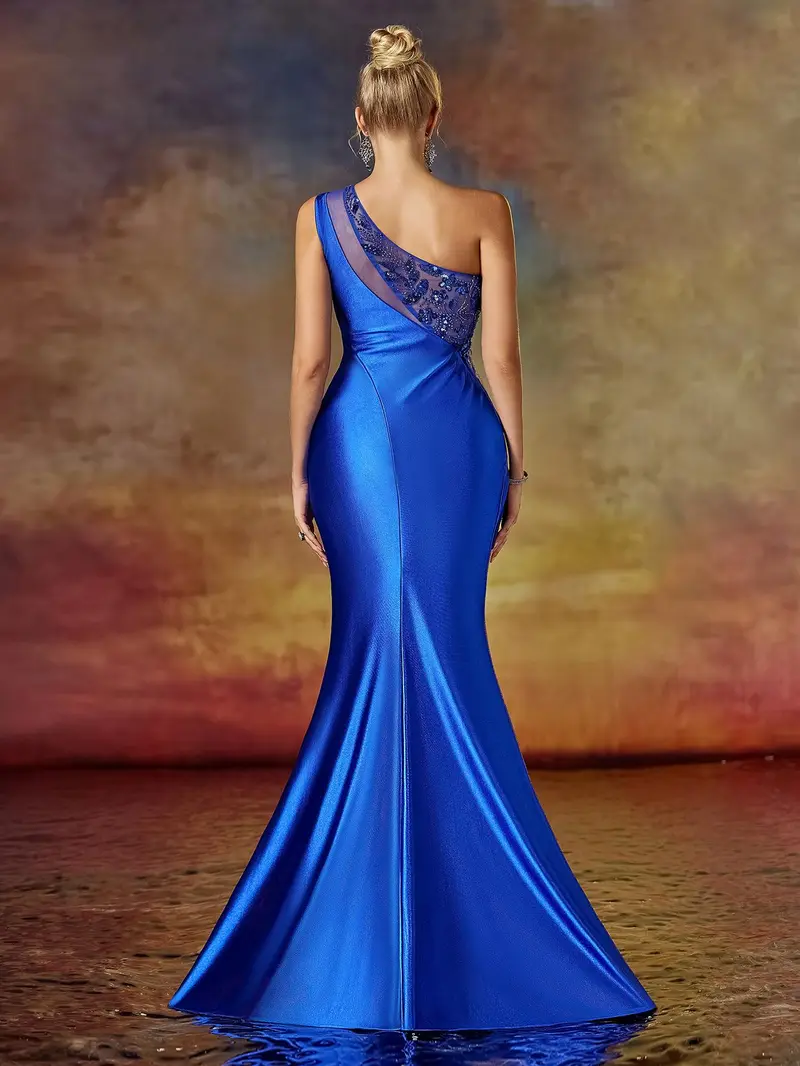Royal Blue Satin One-Shoulder Mermaid Evening Gown - Ruched Prom Dress with High Slit & Lace Applique
