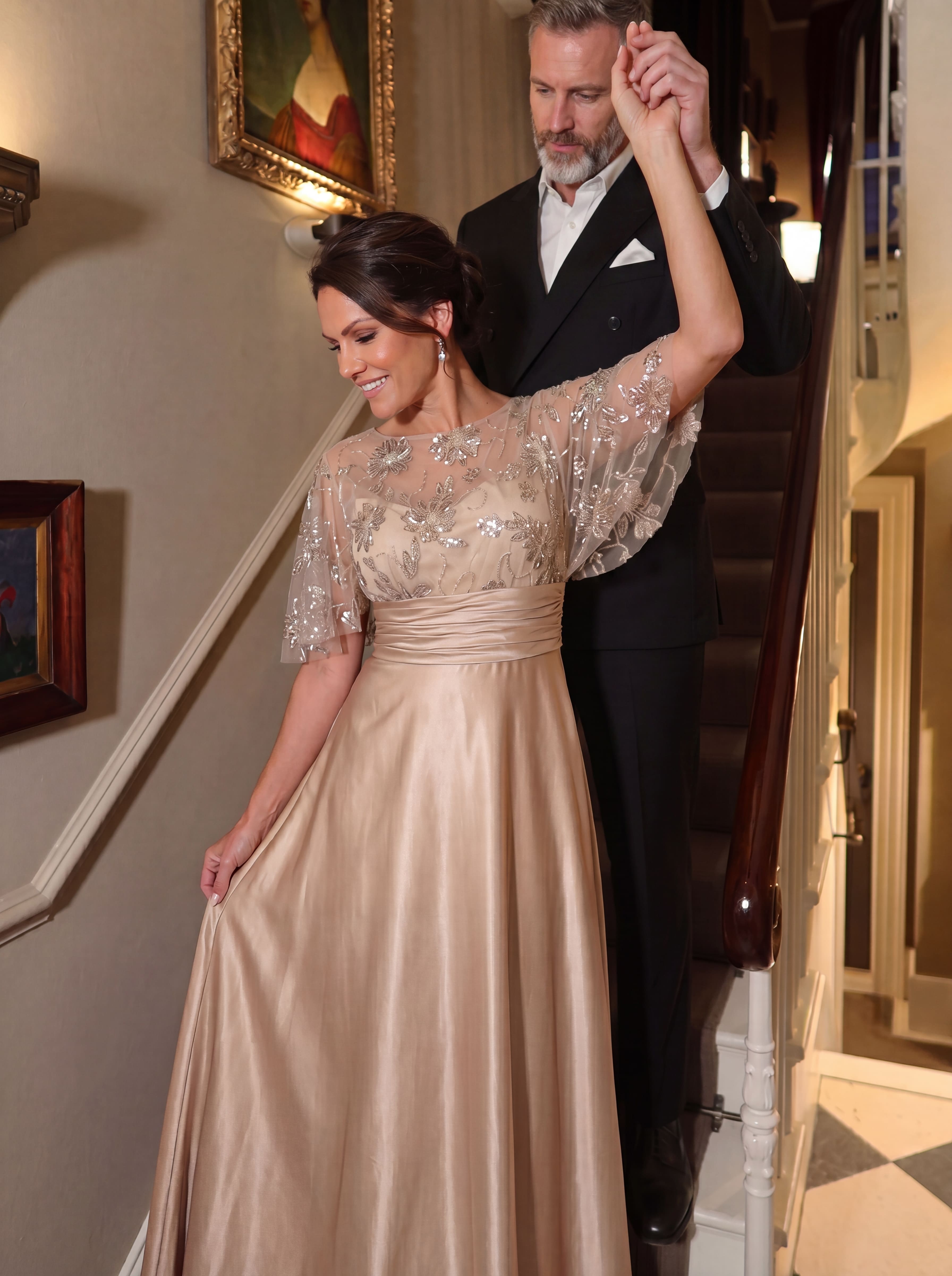 Champagne Floral Beaded Capelet Evening Gown - Ruched Satin A-Line mother of the Bride Dress