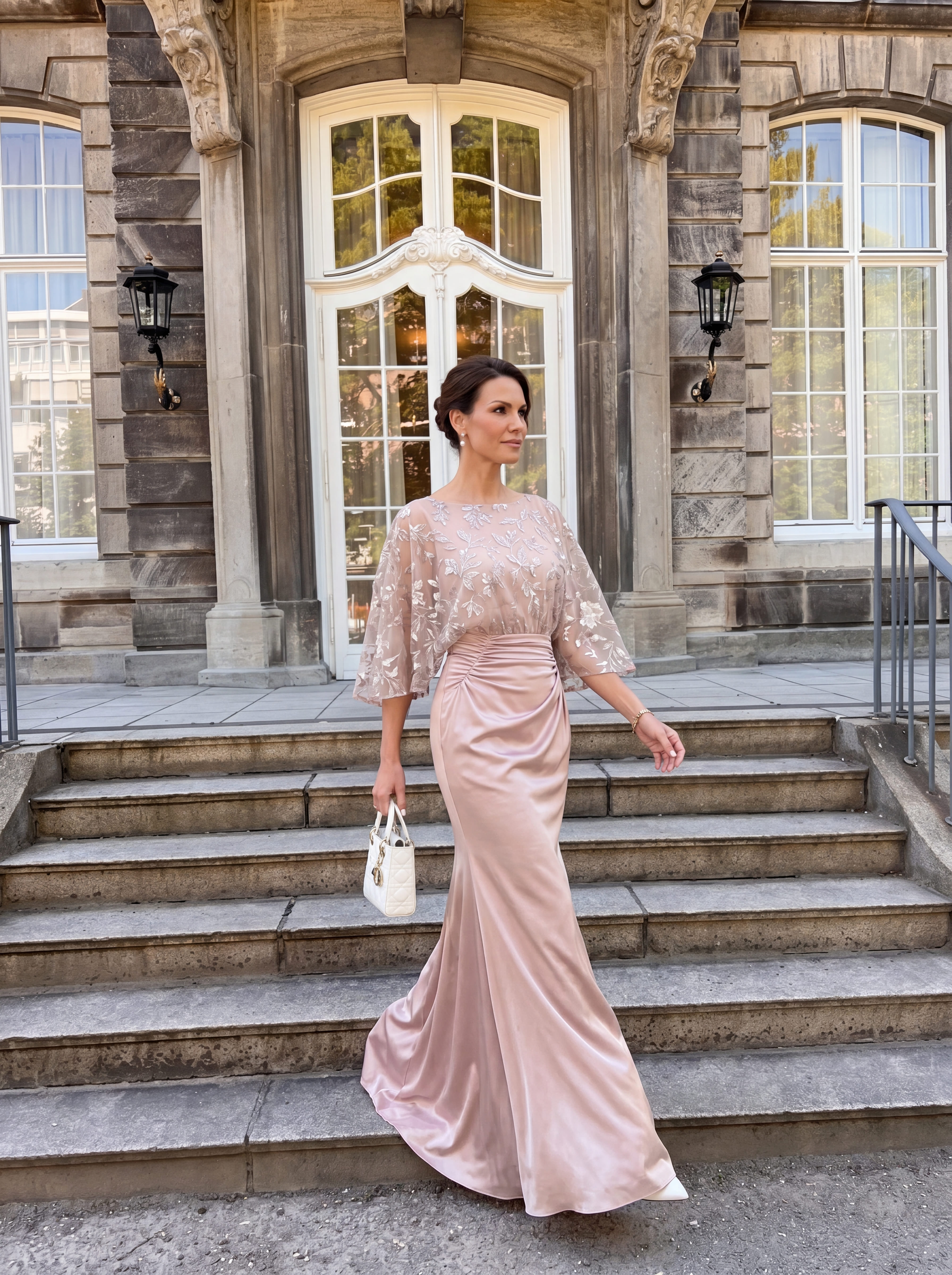 Blush Pink Floral Sequin Evening Gown - Batwing Sleeve Ruched Satin Mother of the Bride Dress