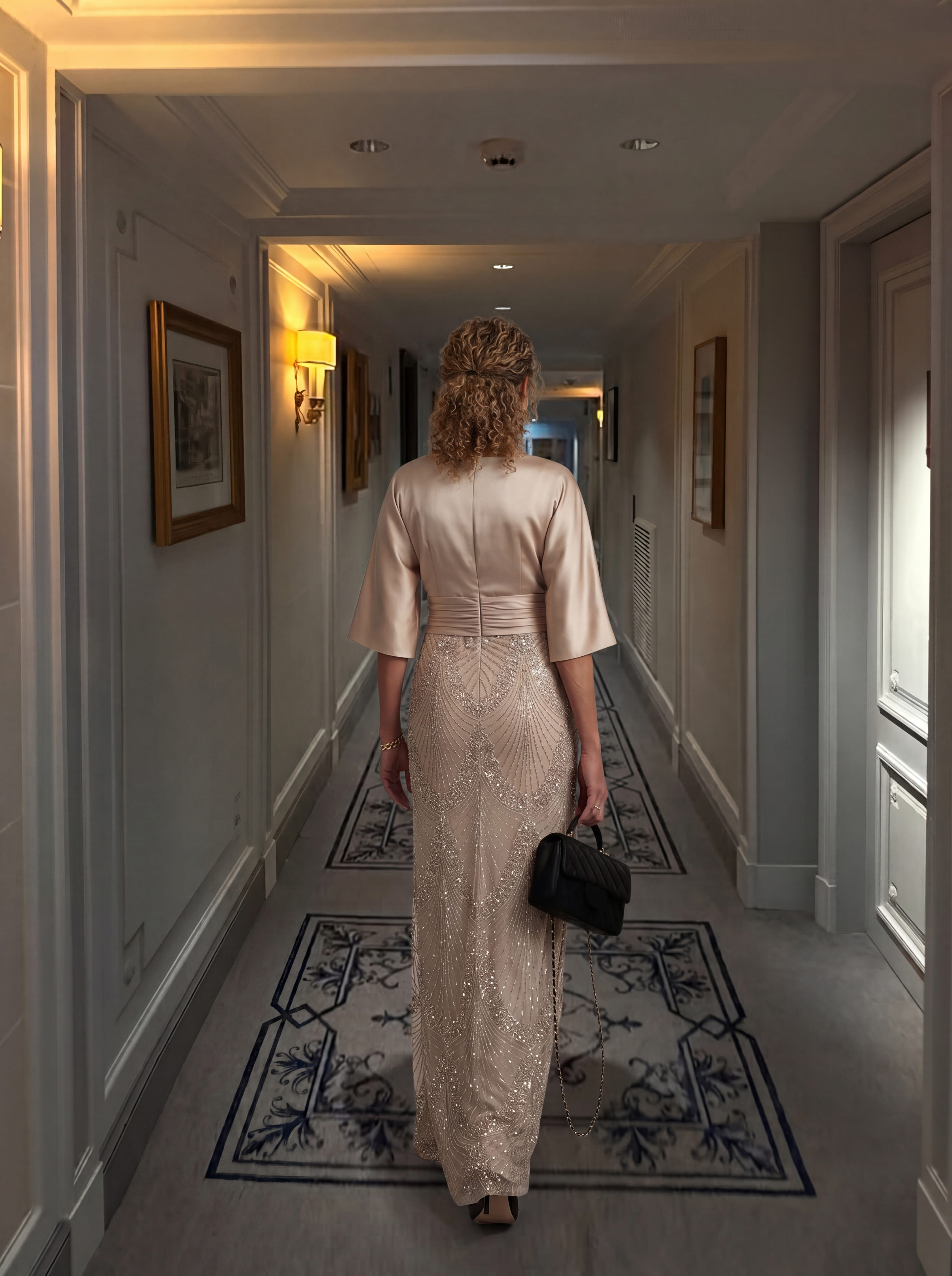 Champagne Art Deco Beaded A-Line Gown - Satin Batwing mother of the Bride Dress with Ruched Waist