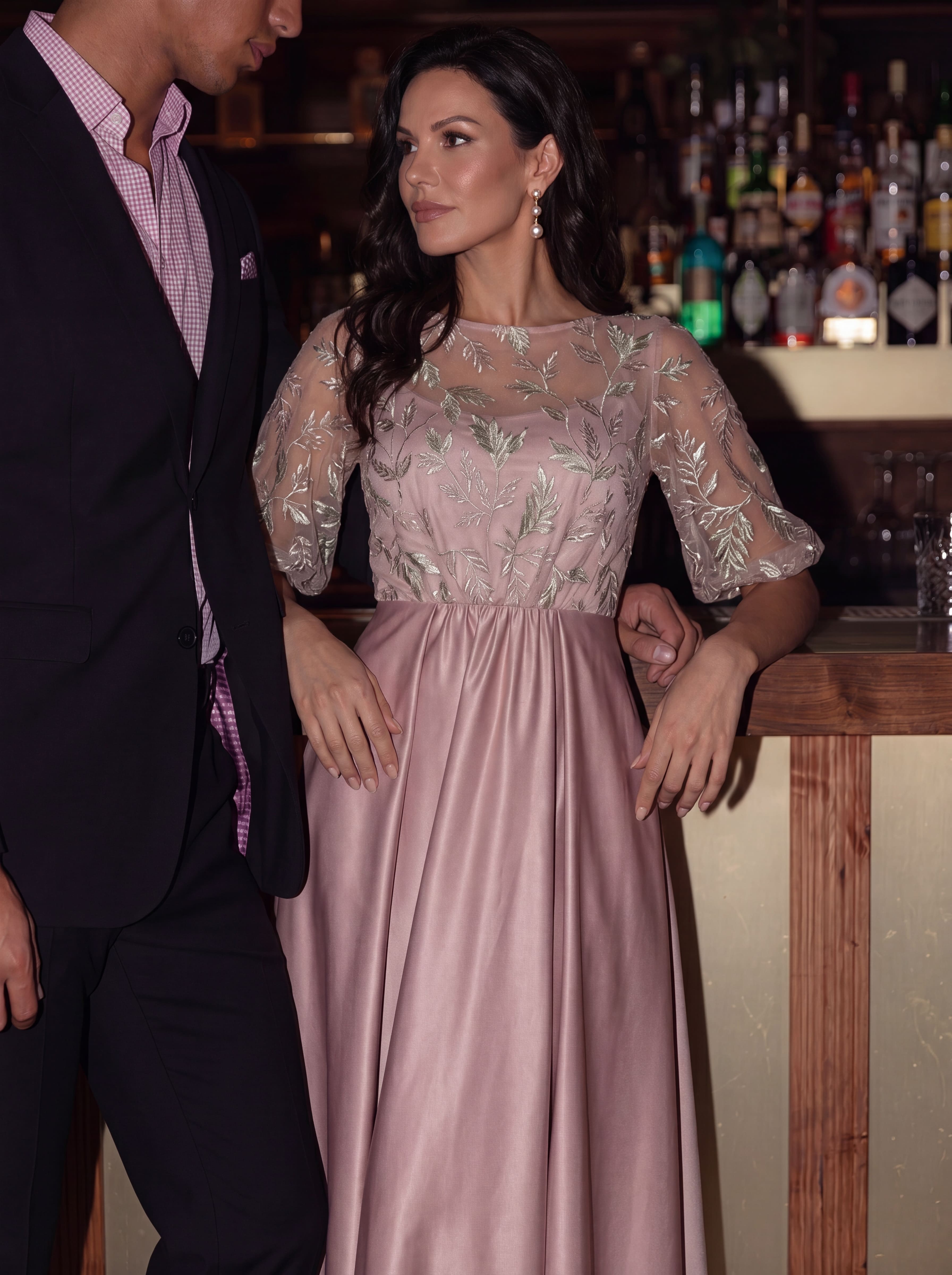 Blush Pink Floral Sequin A-Line Evening Gown - Batwing Sleeve mother of the Bride Dress with Pockets