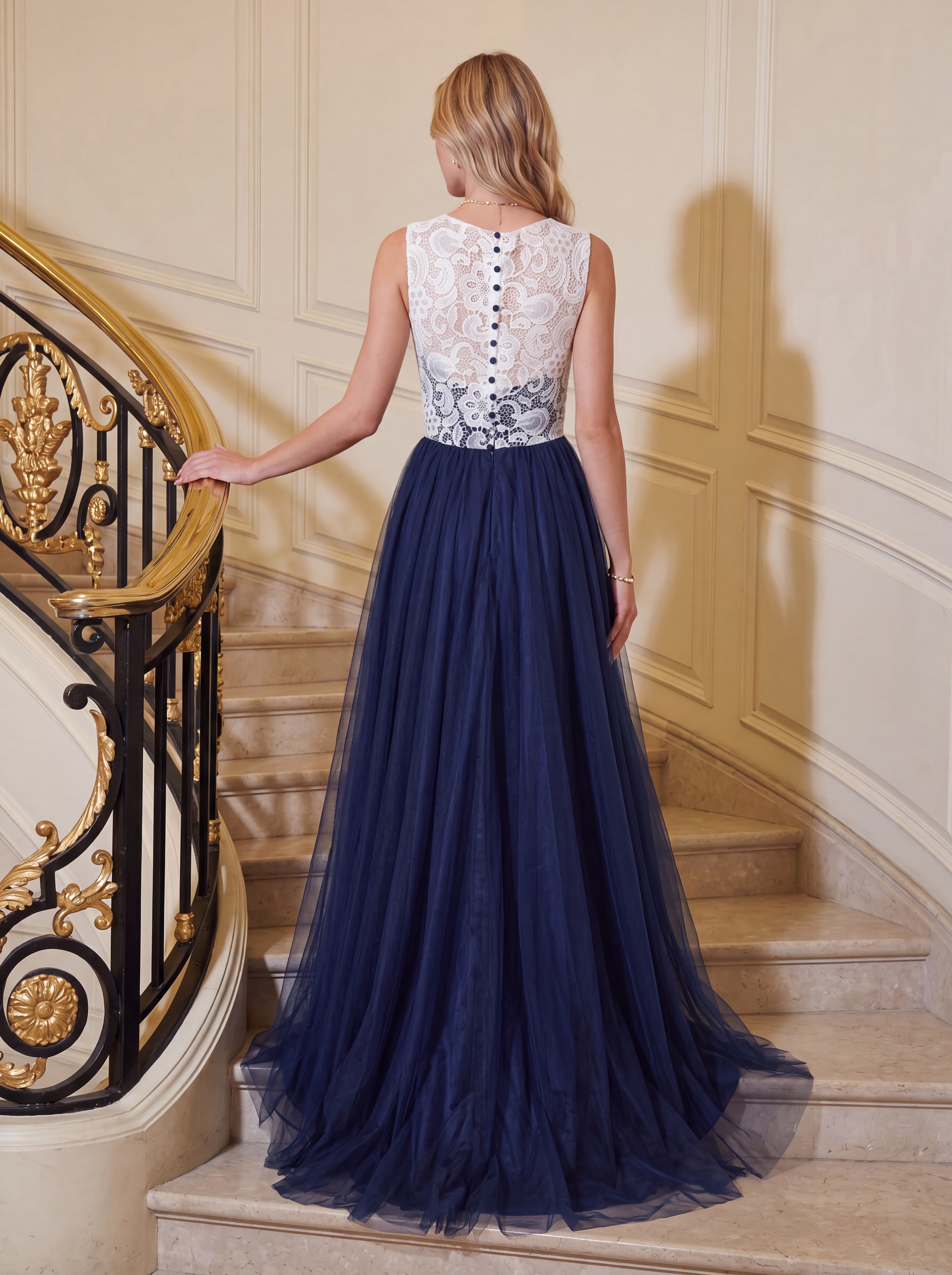 Navy Blue and White Lace Evening Dress Long - Illusion Neck Tulle Prom Ball Gown with Cap Sleeves