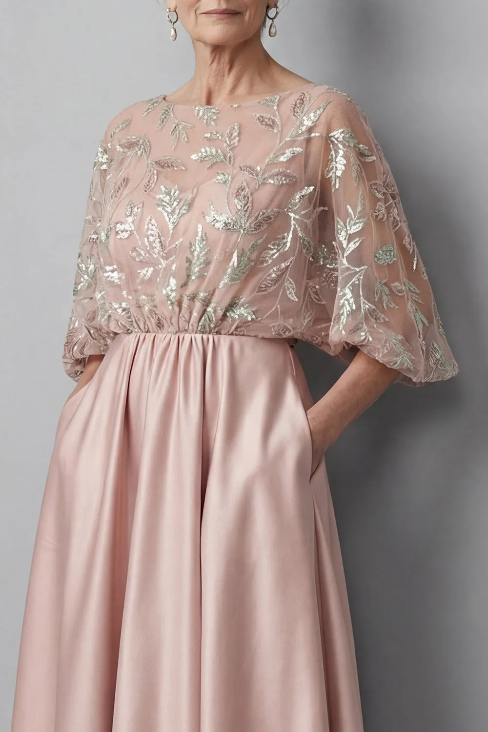 Blush Pink Floral Sequin A-Line Evening Gown - Batwing Sleeve Grandmother of the Bride Dress with Pockets