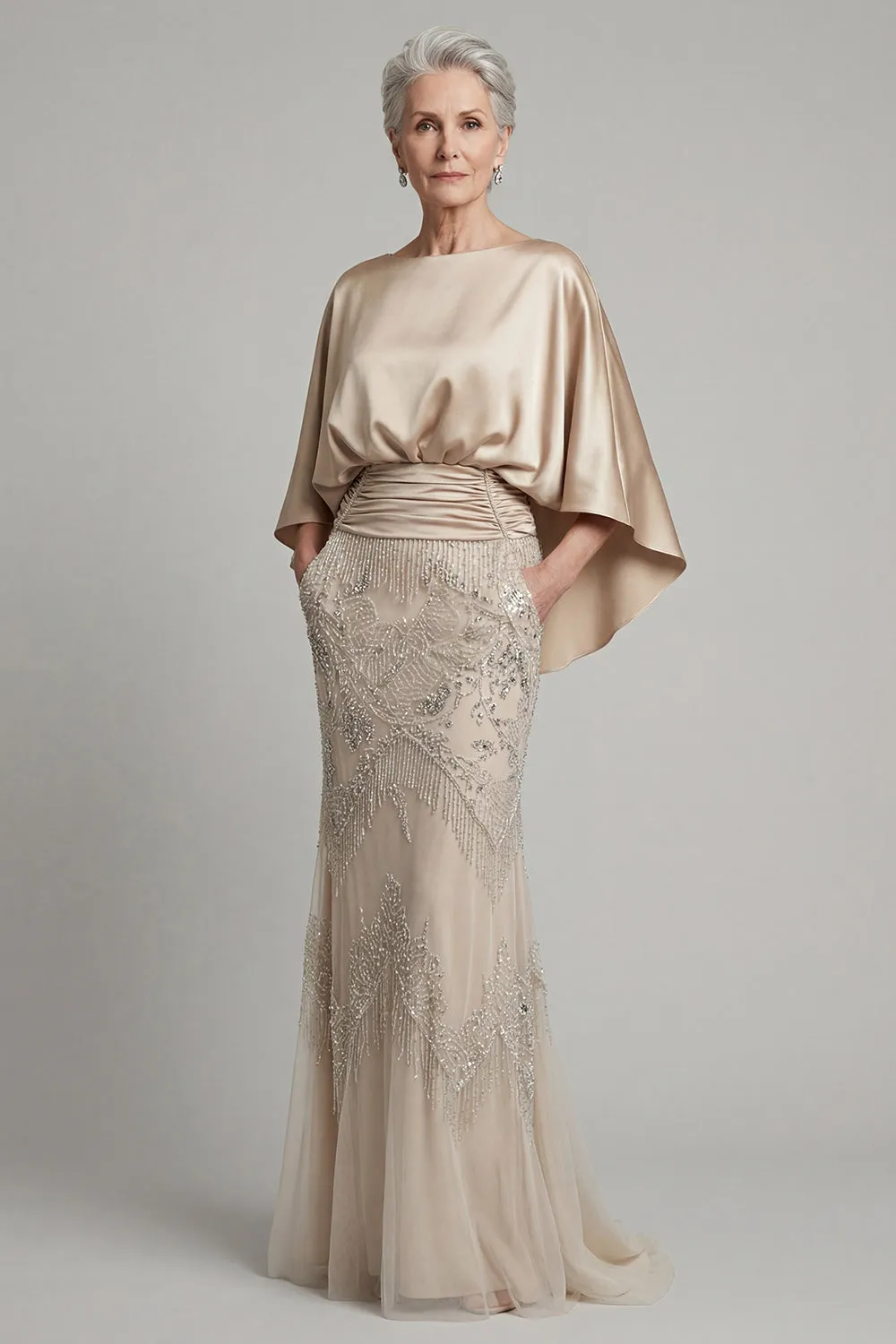 Champagne Art Deco Beaded Evening Gown - Satin Batwing Grandmother of the Bride Dress with Pockets & Ruched Waist