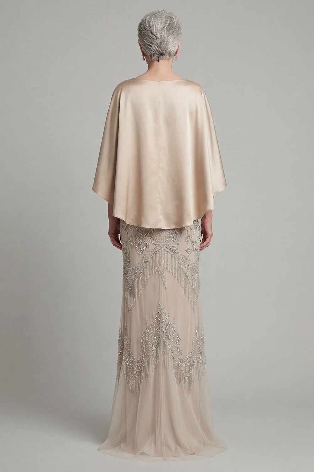 Champagne Art Deco Beaded Evening Gown - Satin Batwing Grandmother of the Bride Dress with Pockets & Ruched Waist