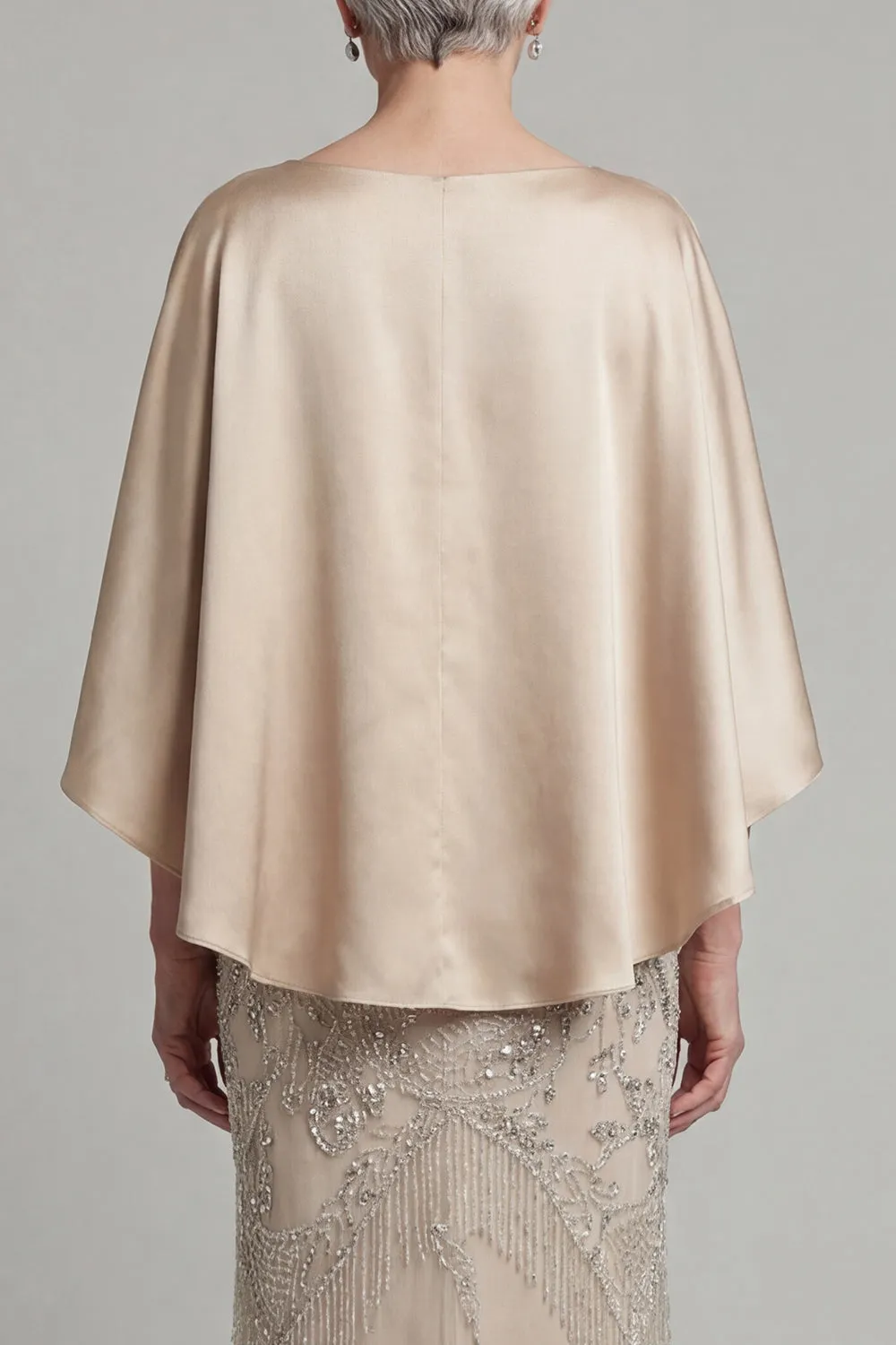 Champagne Art Deco Beaded Evening Gown - Satin Batwing Grandmother of the Bride Dress with Pockets & Ruched Waist