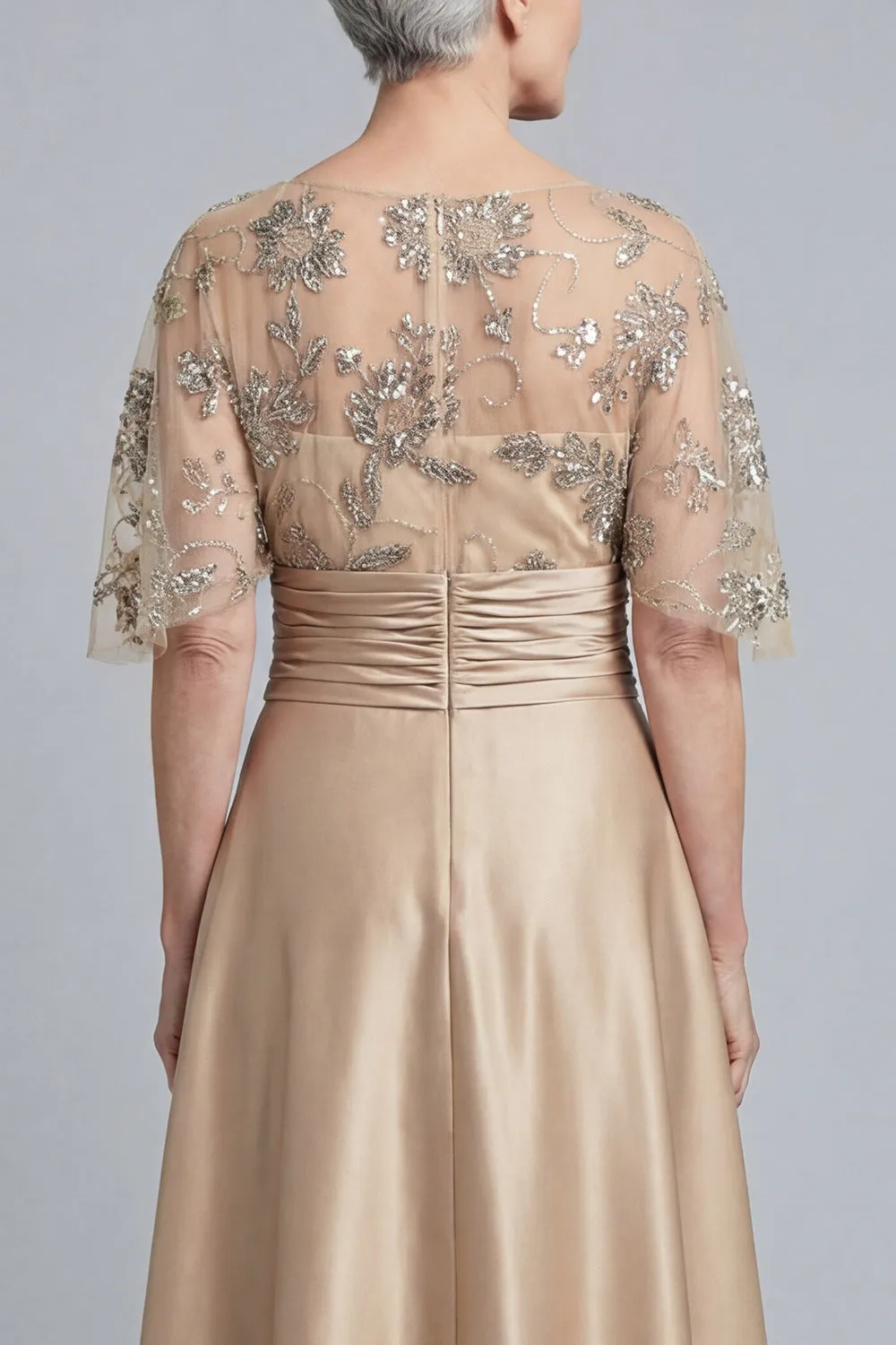 Champagne Floral Beaded Capelet Evening Gown - Ruched Satin A-Line Grandmother of the Bride Dress