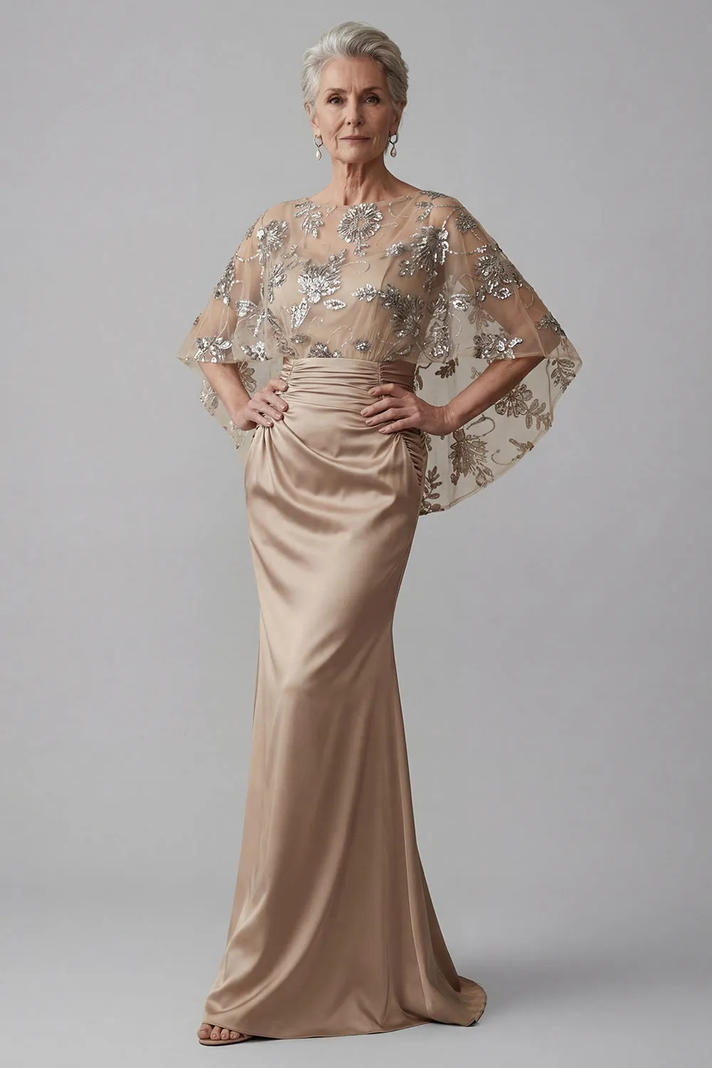 Champagne Floral Beaded Capelet Evening Gown - Ruched Satin Grandmother of the Bride Dress with Tummy Control