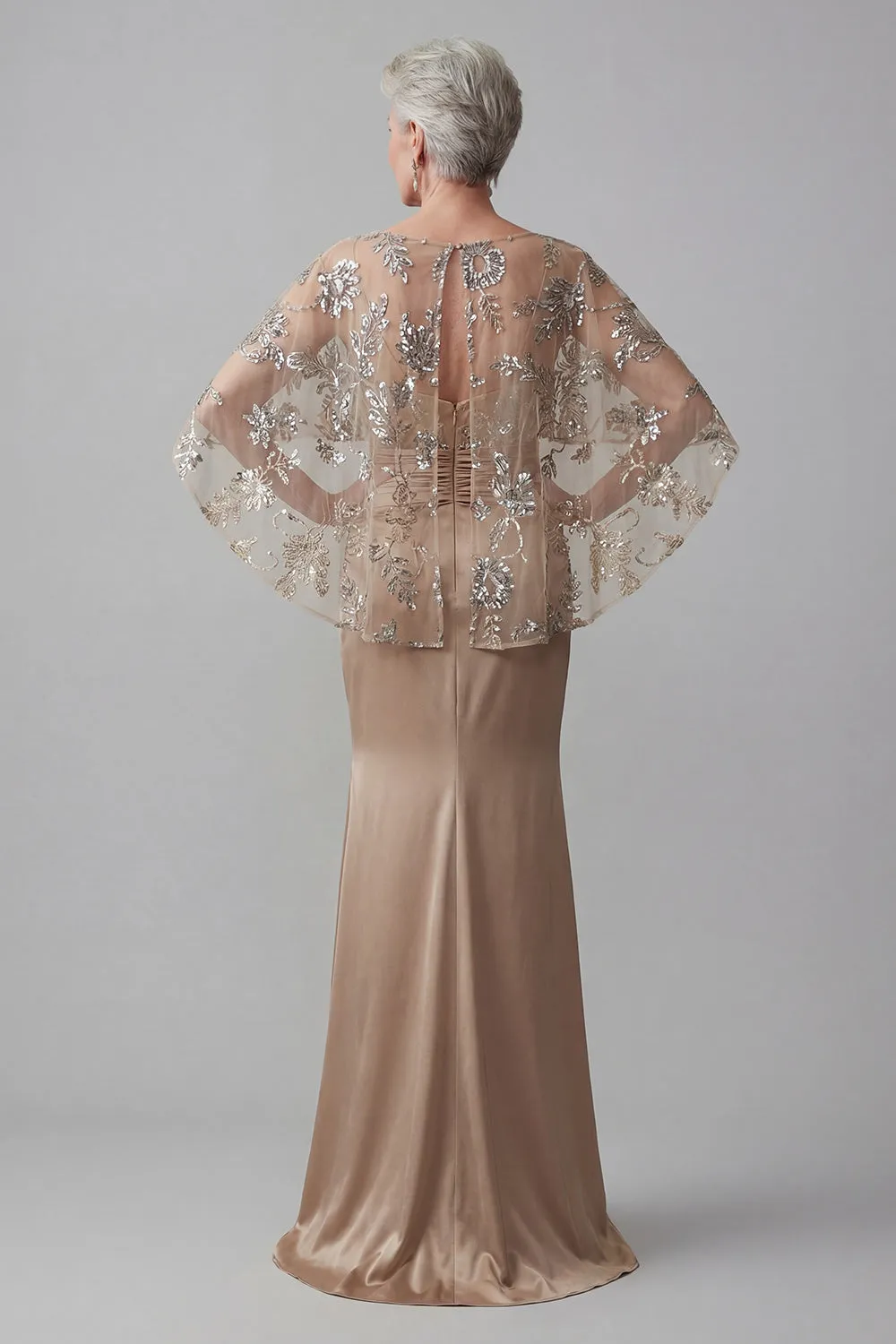 Champagne Floral Beaded Capelet Evening Gown - Ruched Satin Grandmother of the Bride Dress with Tummy Control