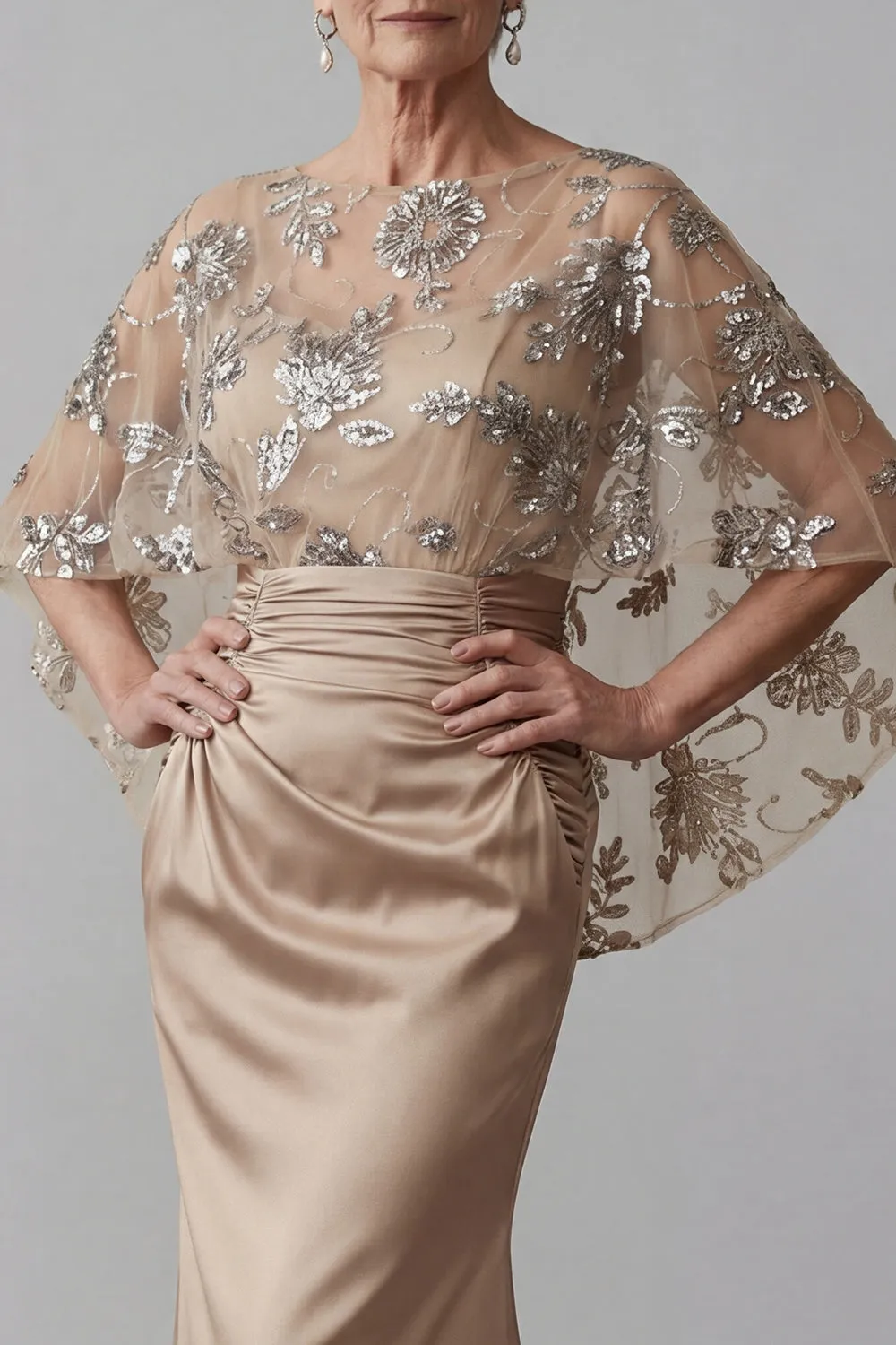 Champagne Floral Beaded Capelet Evening Gown - Ruched Satin Grandmother of the Bride Dress with Tummy Control