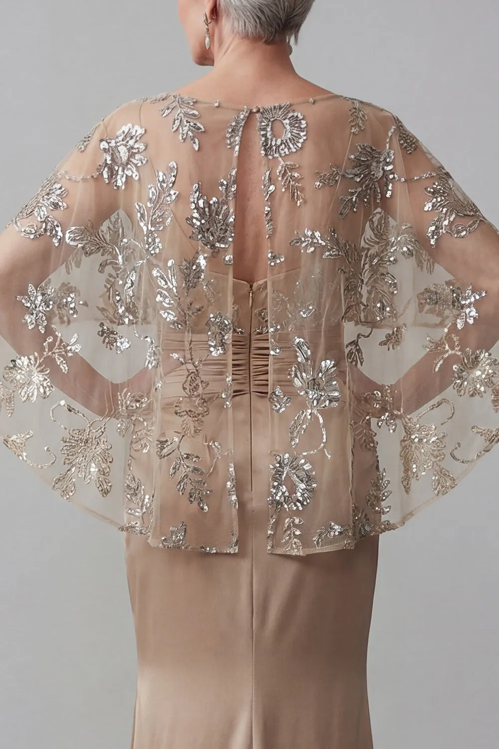 Champagne Floral Beaded Capelet Evening Gown - Ruched Satin Grandmother of the Bride Dress with Tummy Control