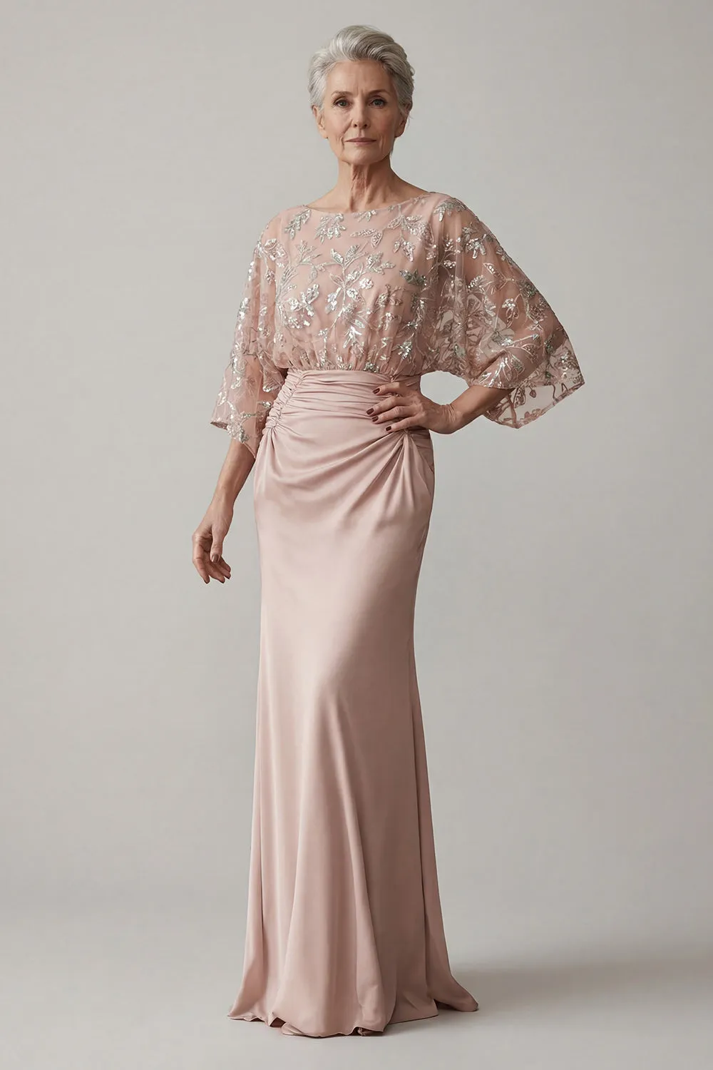 Blush Pink Floral Sequin Evening Gown - Batwing Sleeve Ruched Satin Grandmother of the Bride Dress