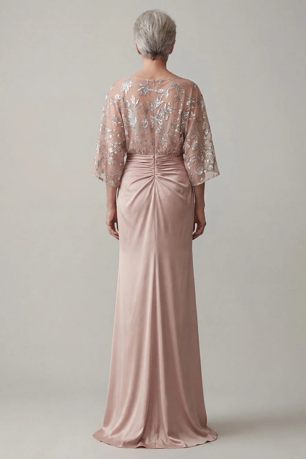 Blush Pink Floral Sequin Evening Gown - Batwing Sleeve Ruched Satin Grandmother of the Bride Dress