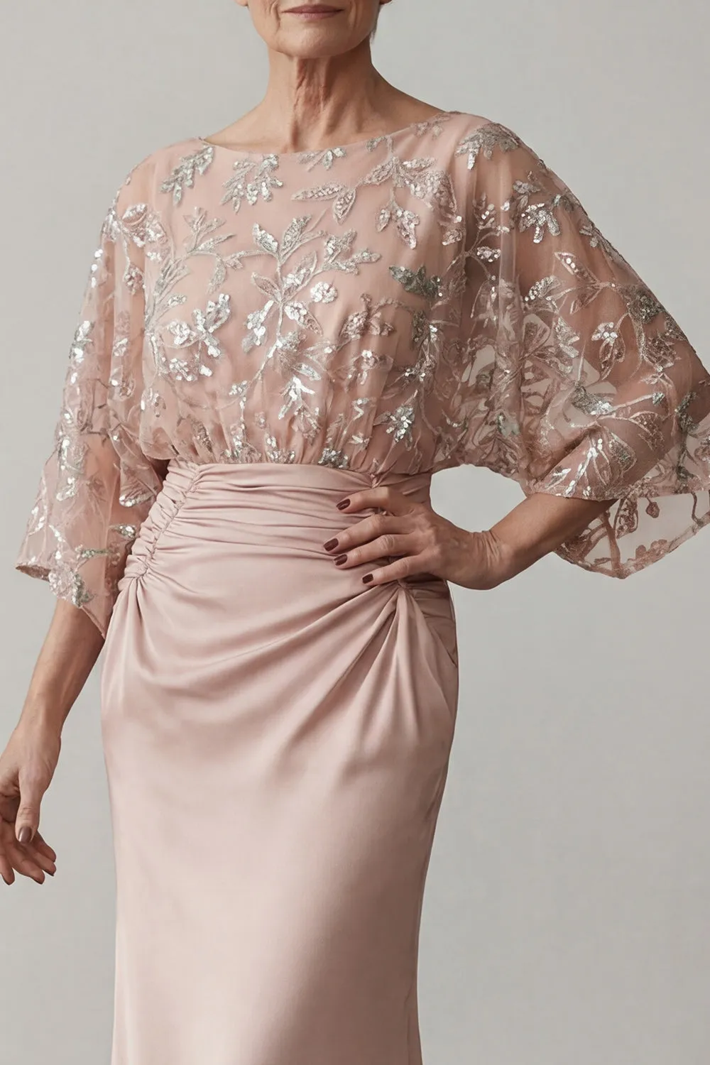 Blush Pink Floral Sequin Evening Gown - Batwing Sleeve Ruched Satin Grandmother of the Bride Dress