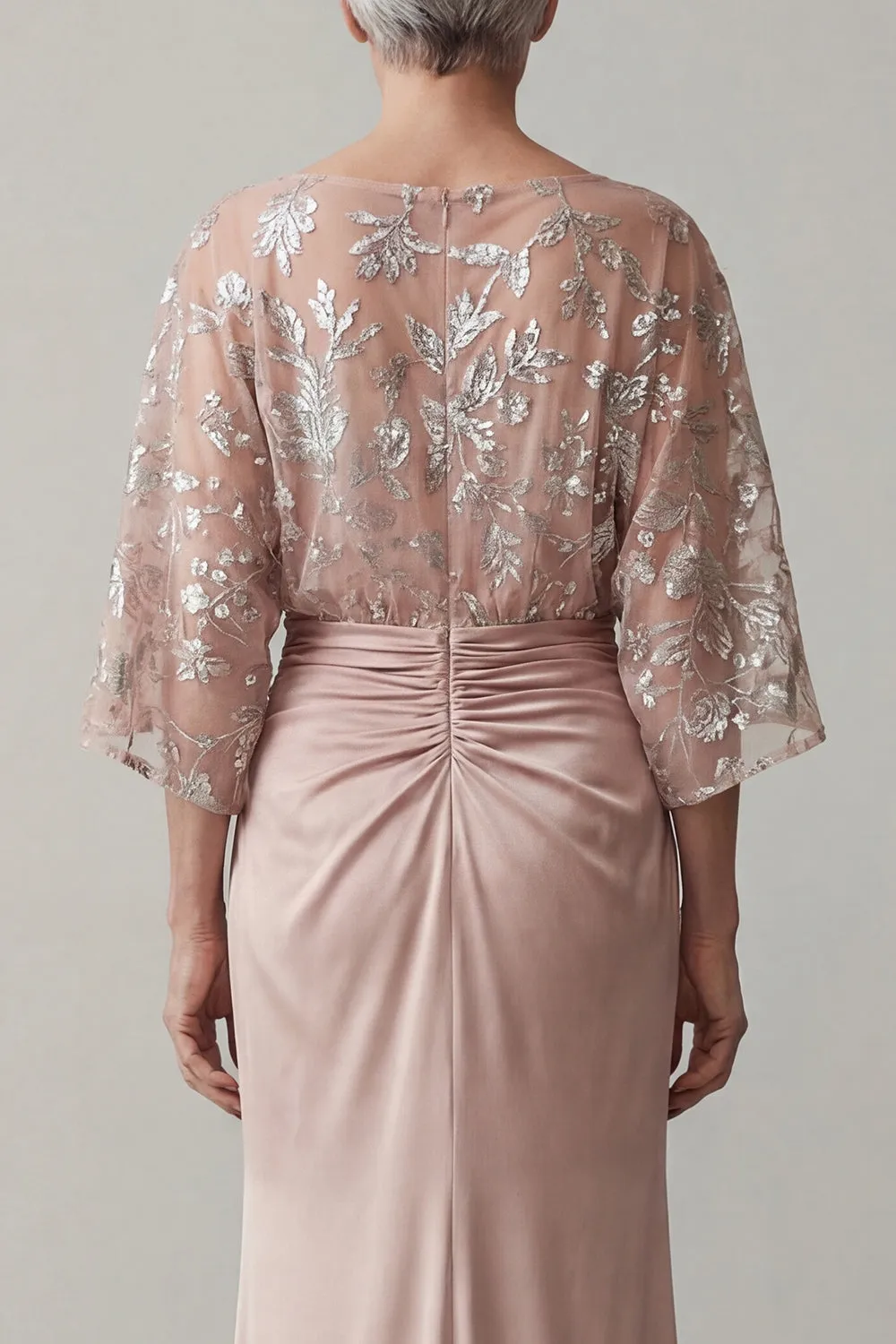 Blush Pink Floral Sequin Evening Gown - Batwing Sleeve Ruched Satin Grandmother of the Bride Dress