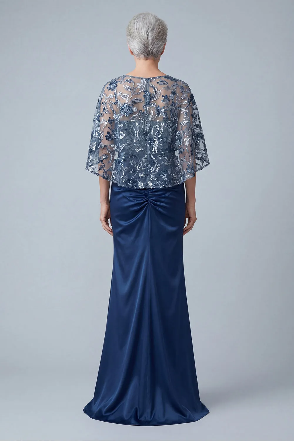 Navy Blue Sequin Capelet Evening Gown - Ruched Satin Mermaid Grandmother of the Bride Dress