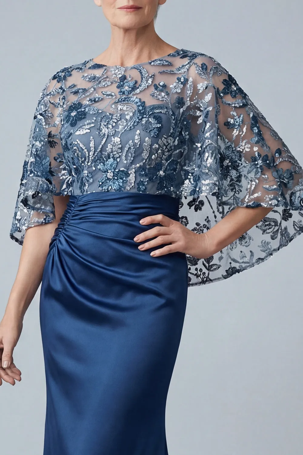 Navy Blue Sequin Capelet Evening Gown - Ruched Satin Mermaid Grandmother of the Bride Dress