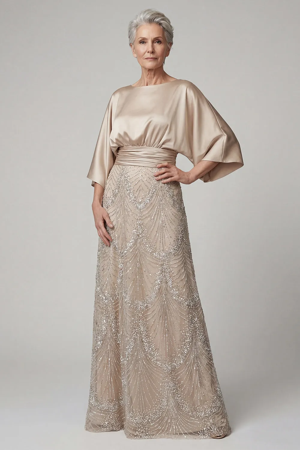 Champagne Art Deco Beaded A-Line Gown - Satin Batwing Grandmother of the Bride Dress with Ruched Waist