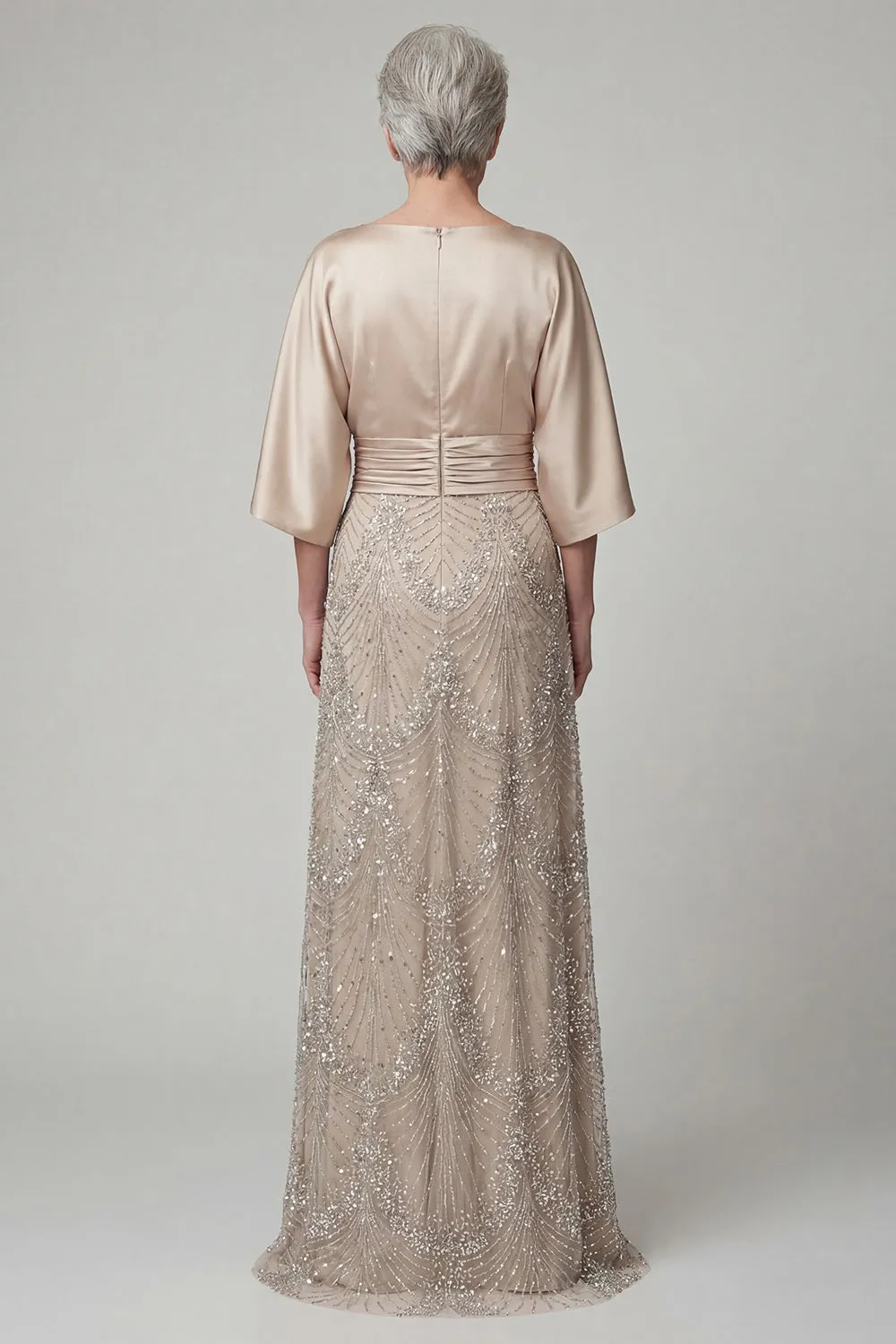 Champagne Art Deco Beaded A-Line Gown - Satin Batwing Grandmother of the Bride Dress with Ruched Waist