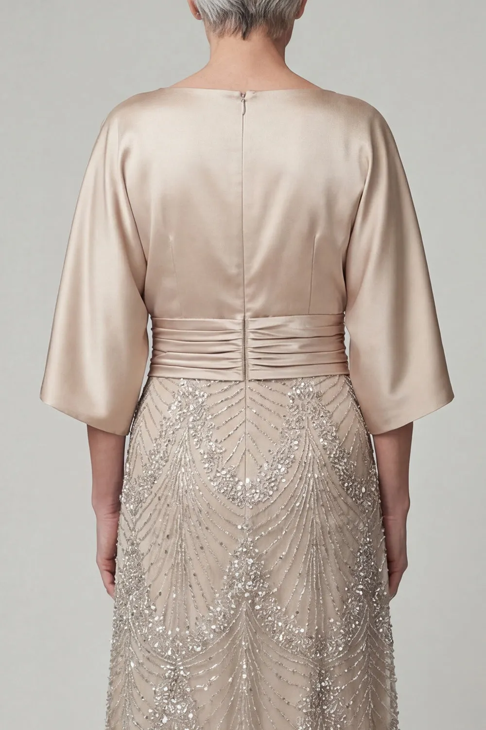 Champagne Art Deco Beaded A-Line Gown - Satin Batwing Grandmother of the Bride Dress with Ruched Waist