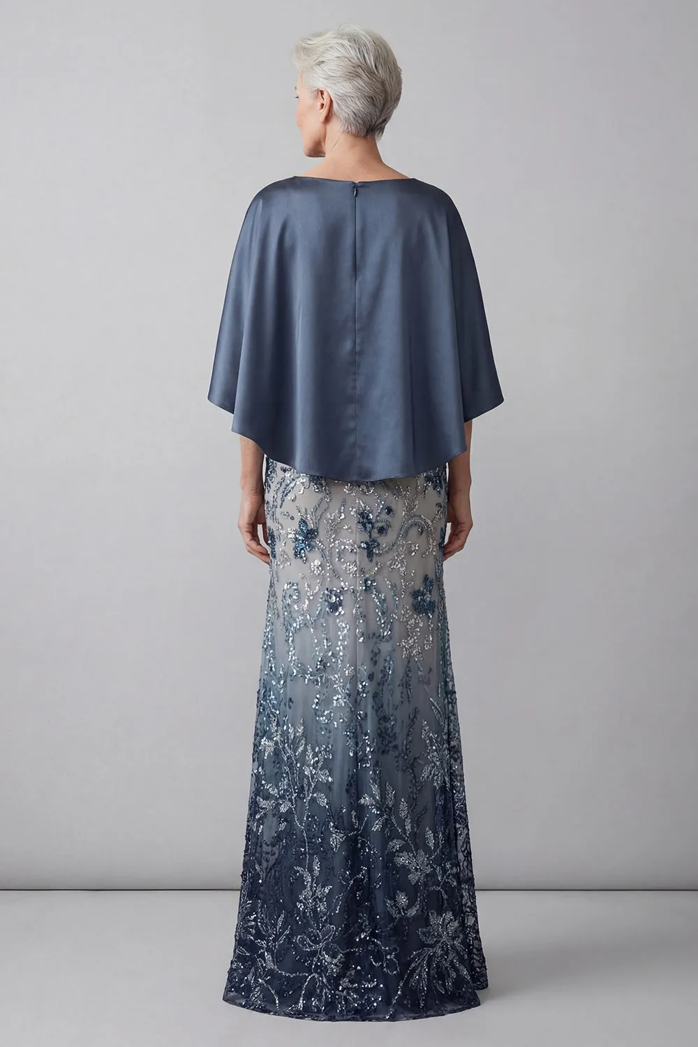 Navy Ombré Floral Sequin Evening Gown - Satin Batwing Grandmother of the Bride Dress with Ruched Waist