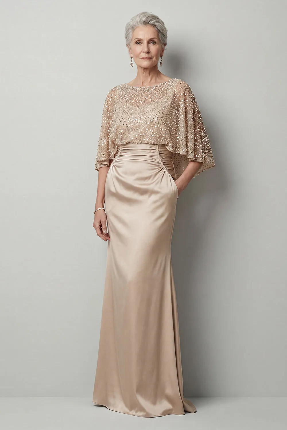 Champagne Sequin Capelet Evening Gown - Ruched Satin Grandmother of the Bride Dress with Hidden Pockets