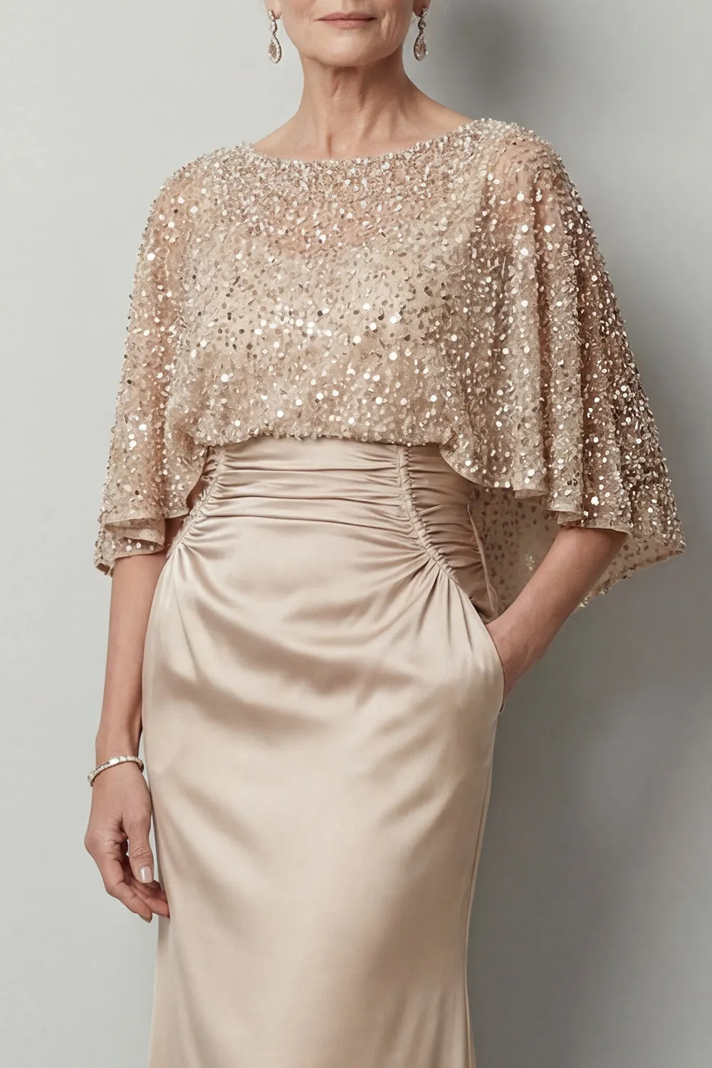 Champagne Sequin Capelet Evening Gown - Ruched Satin Grandmother of the Bride Dress with Hidden Pockets