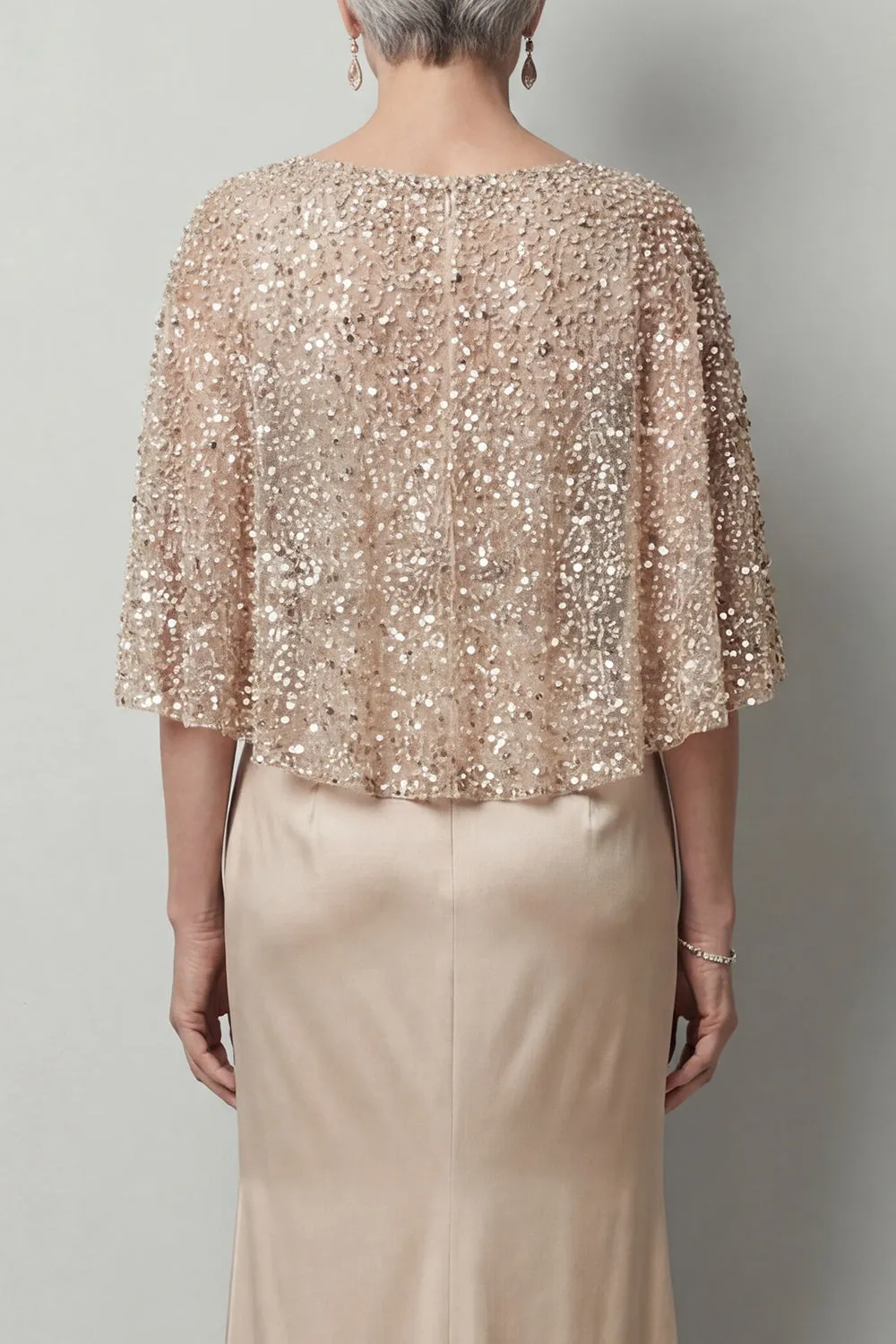 Champagne Sequin Capelet Evening Gown - Ruched Satin Grandmother of the Bride Dress with Hidden Pockets