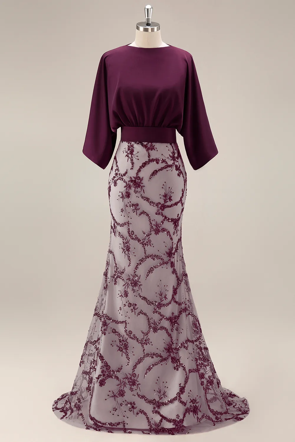 Dark Plum Satin Dolman Evening Gown - Sequin Mermaid Grandmother of the Bride Dress with Wide Waistband