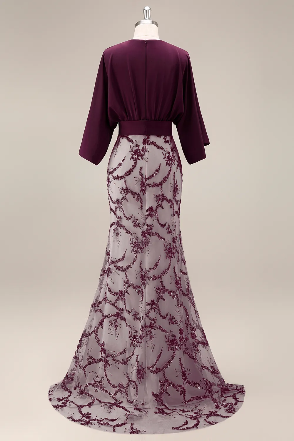 Dark Plum Satin Dolman Evening Gown - Sequin Mermaid Grandmother of the Bride Dress with Wide Waistband