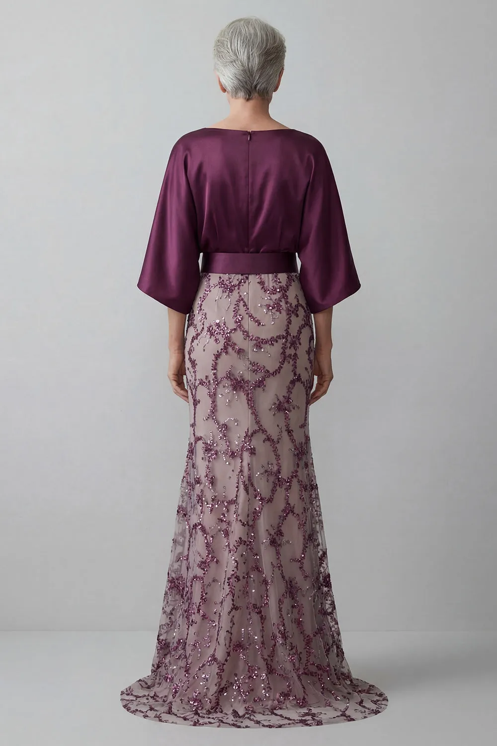 Dark Plum Satin Dolman Evening Gown - Sequin Mermaid Grandmother of the Bride Dress with Wide Waistband