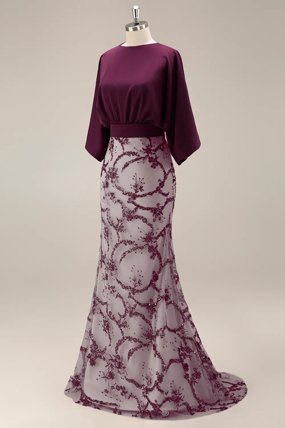 Dark Plum Satin Dolman Evening Gown - Sequin Mermaid Grandmother of the Bride Dress with Wide Waistband