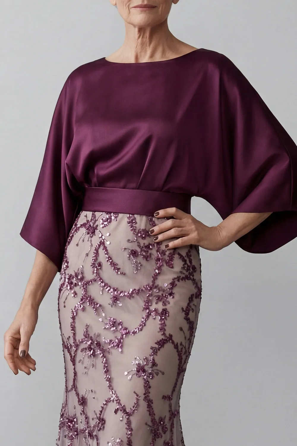 Dark Plum Satin Dolman Evening Gown - Sequin Mermaid Grandmother of the Bride Dress with Wide Waistband