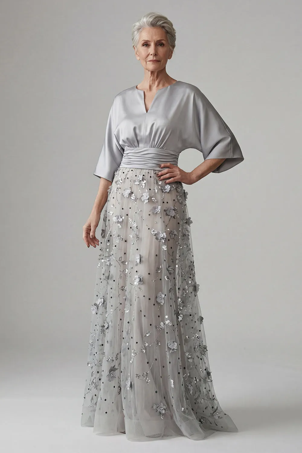 Silver 3D Floral Sequin A-Line Evening Gown - Satin Batwing Sleeve Grandmother of the Bride Dress with Ruched Waist