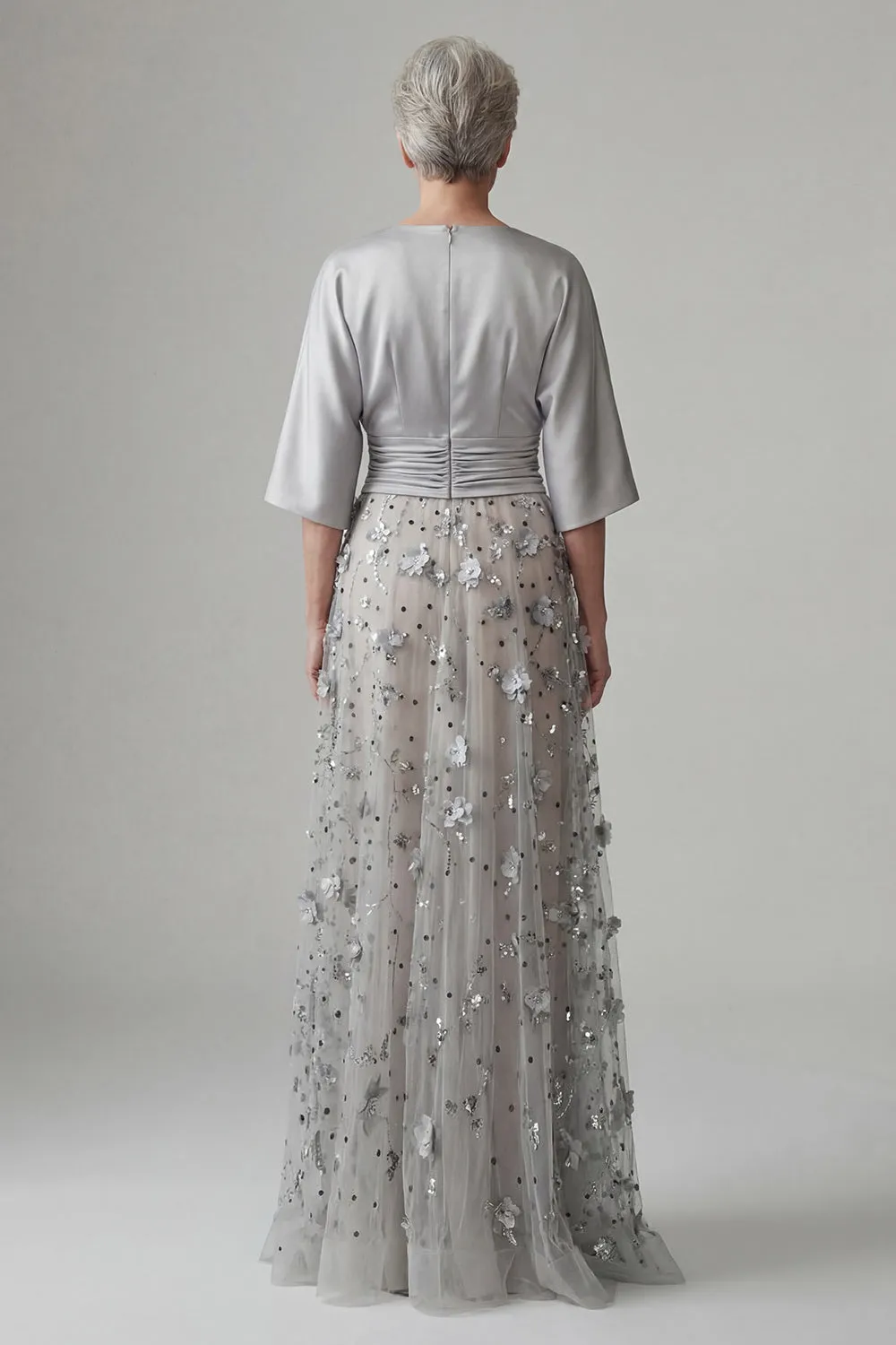 Silver 3D Floral Sequin A-Line Evening Gown - Satin Batwing Sleeve Grandmother of the Bride Dress with Ruched Waist