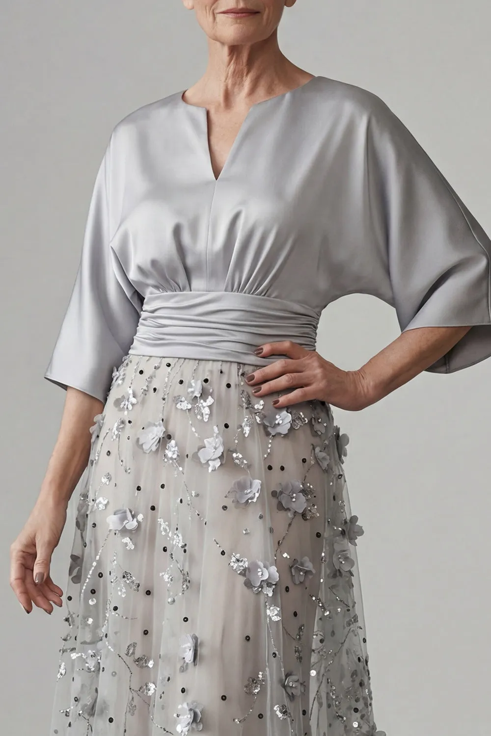 Silver 3D Floral Sequin A-Line Evening Gown - Satin Batwing Sleeve Grandmother of the Bride Dress with Ruched Waist