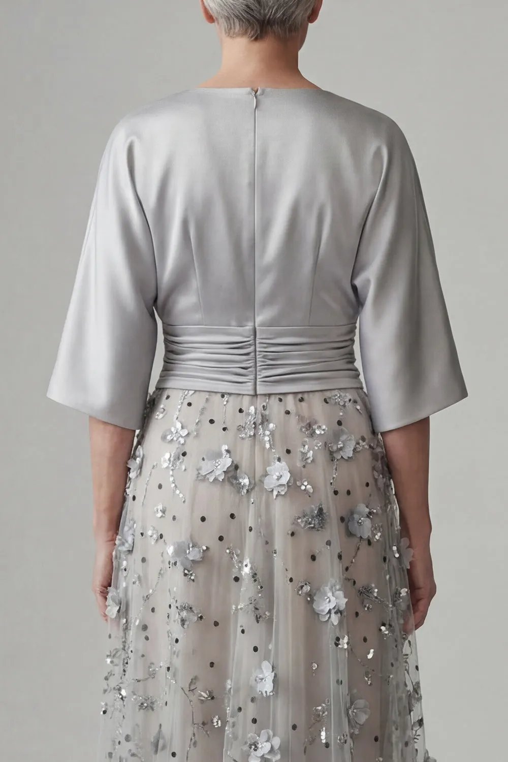 Silver 3D Floral Sequin A-Line Evening Gown - Satin Batwing Sleeve Grandmother of the Bride Dress with Ruched Waist