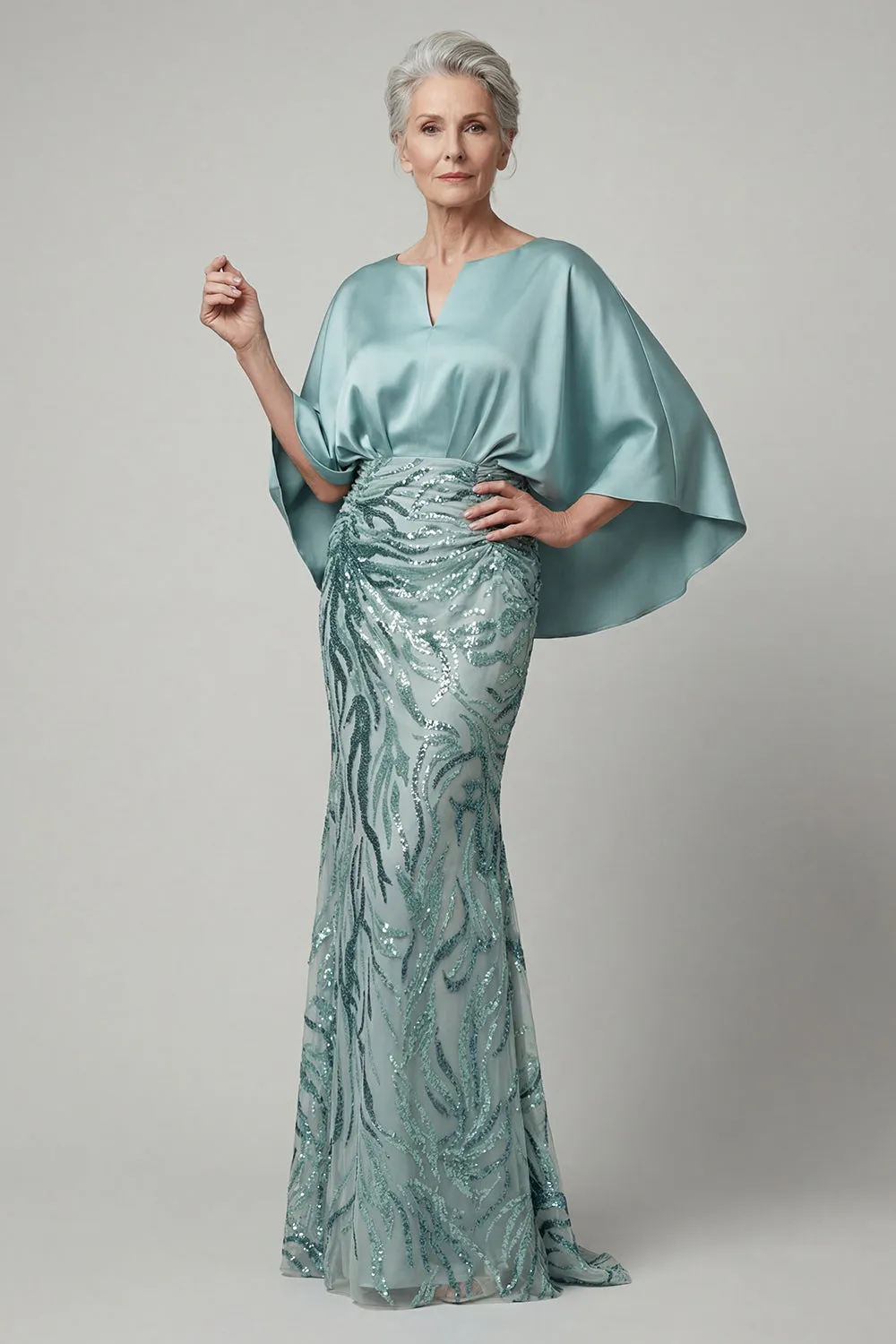 Dusty Blue Satin Capelet Evening Gown - Modest Sequin Mermaid Grandmother & Mother of the Bride Dress