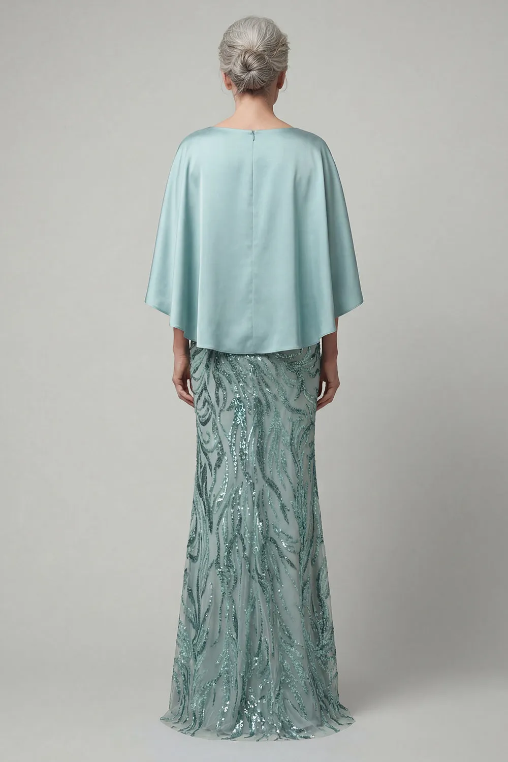 Dusty Blue Satin Capelet Evening Gown - Modest Sequin Mermaid Grandmother & Mother of the Bride Dress