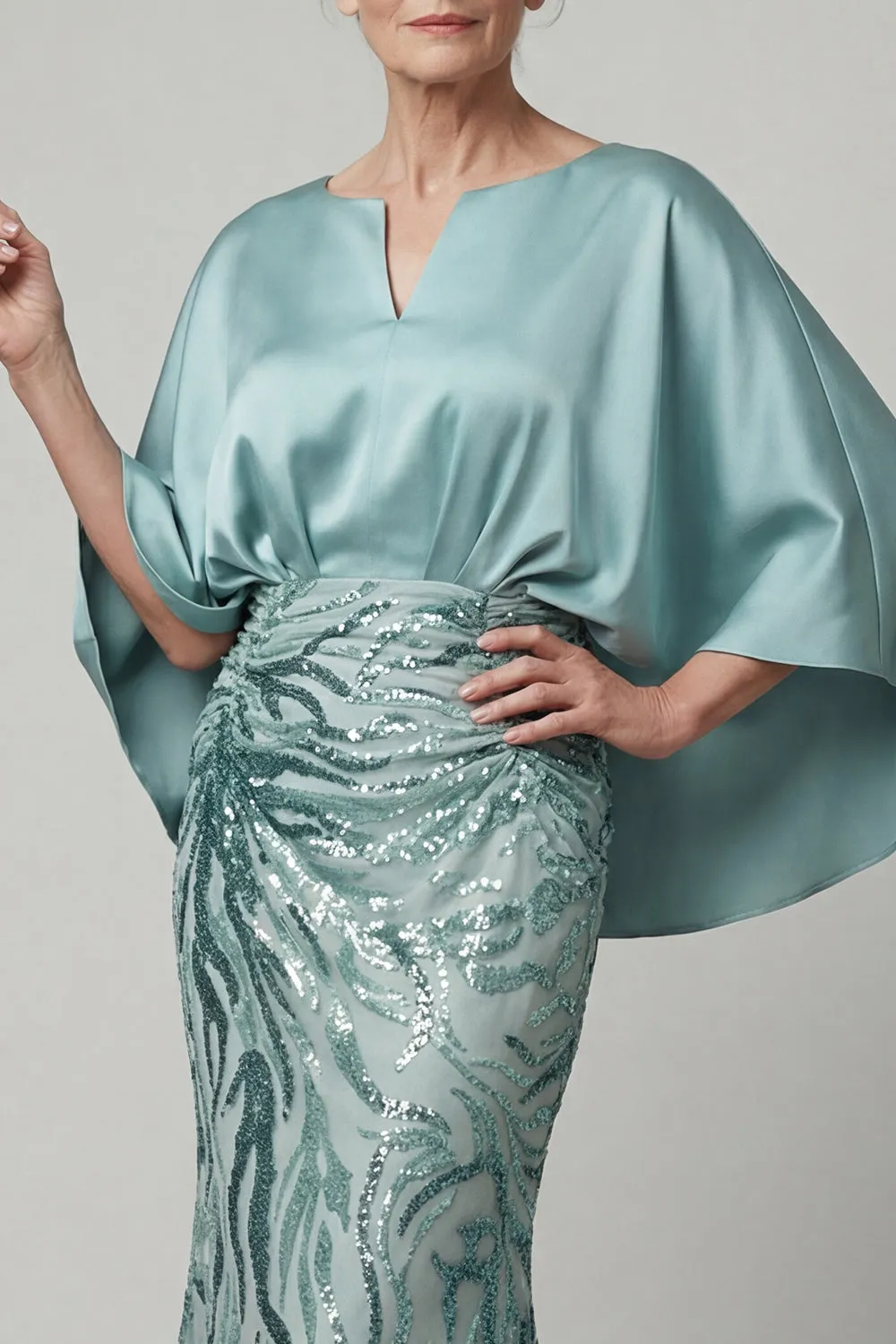 Dusty Blue Satin Capelet Evening Gown - Modest Sequin Mermaid Grandmother & Mother of the Bride Dress