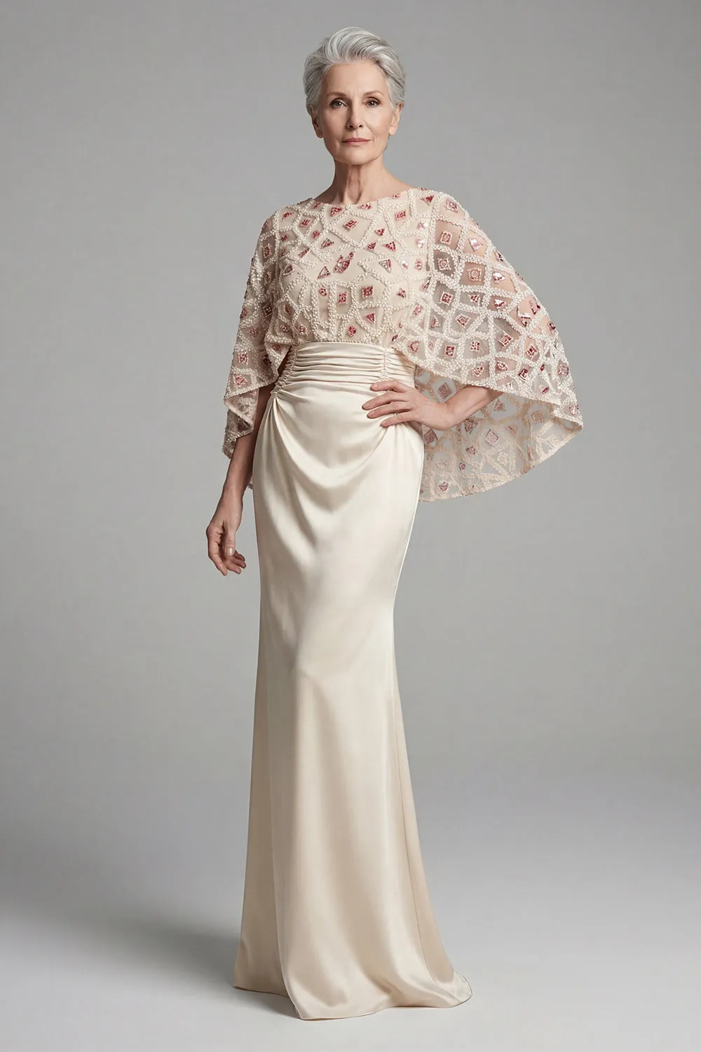 Ivory Beaded Capelet Evening Gown - Ruched Satin Soft Mermaid Grandmother of the Bride Dress