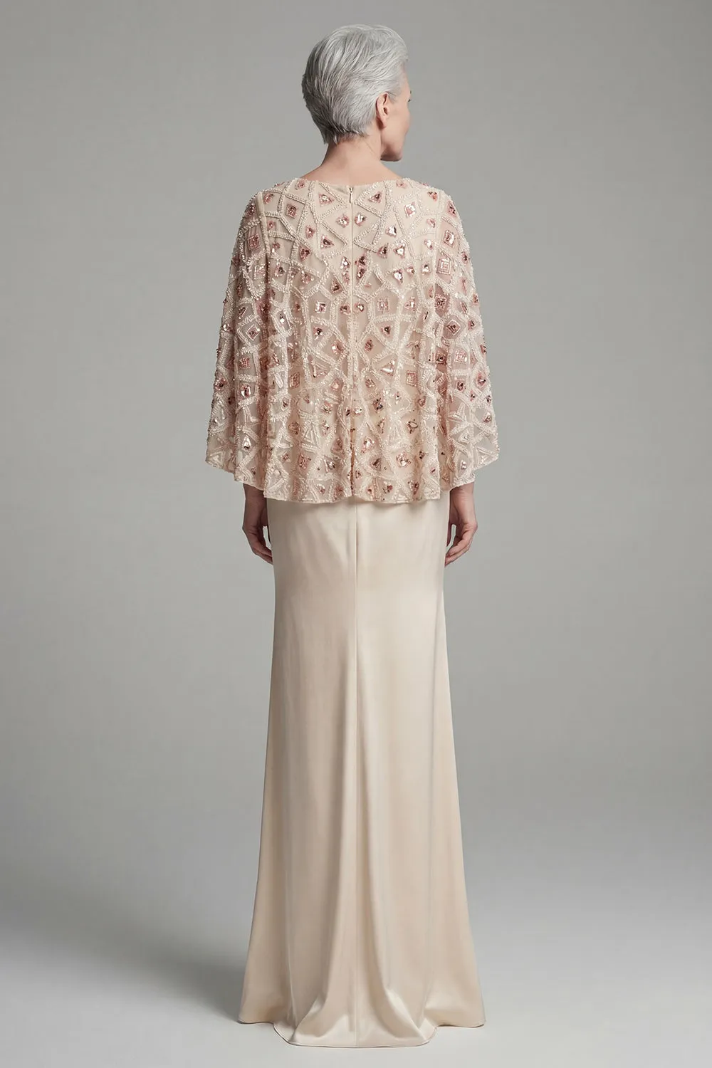 Ivory Beaded Capelet Evening Gown - Ruched Satin Soft Mermaid Grandmother of the Bride Dress